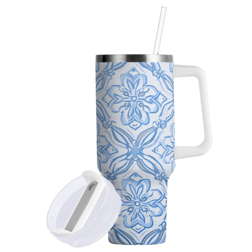 30 oz Insulated Stainless Steel Tumbler Double Wall Stainless Steel Tumbler with 2-Way Drinking Blue Elegant Geometric Design - VATX