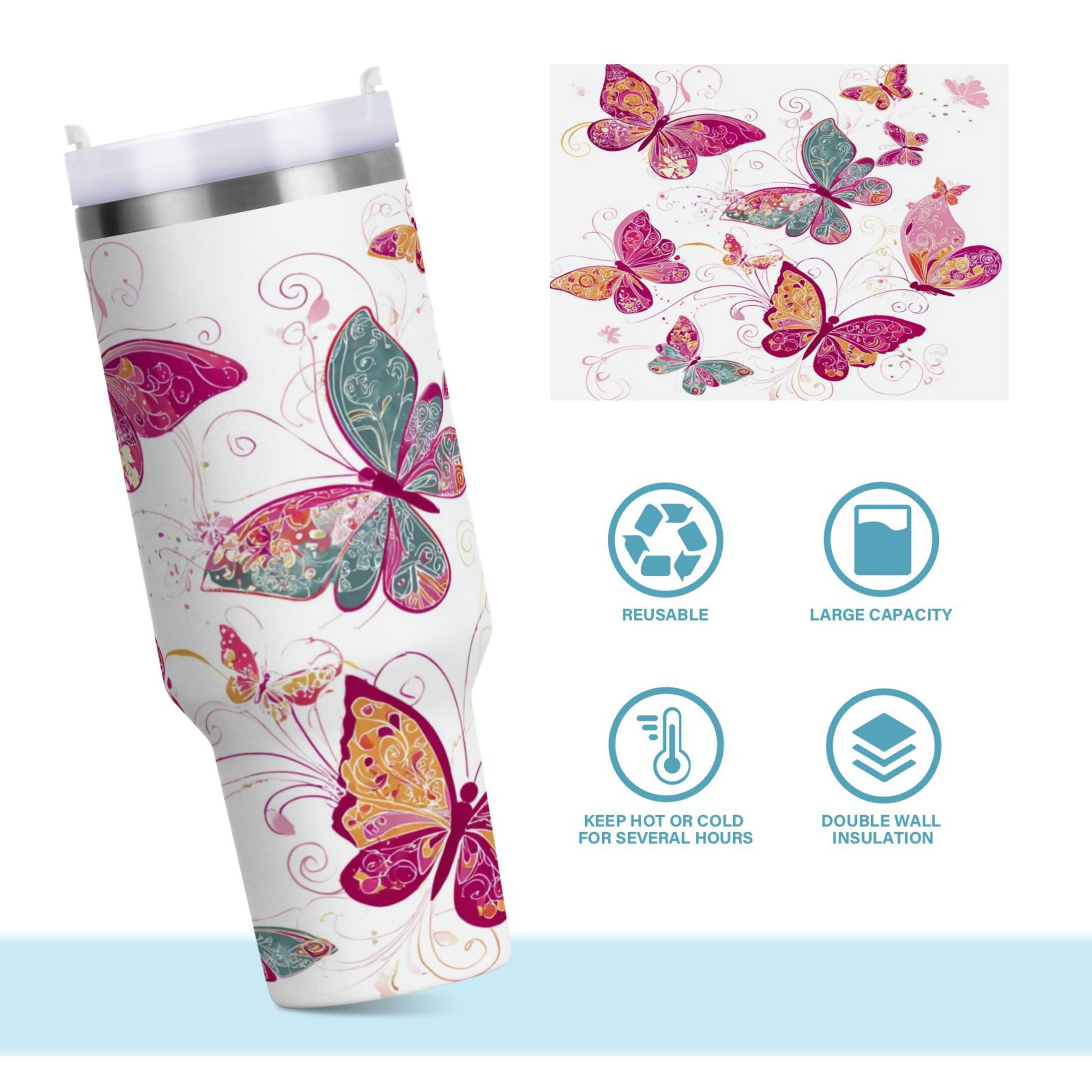 30 oz Insulated Stainless Steel Tumbler Double Wall Stainless Steel Tumbler with 2-Way Drinking Colorful Butterflies - E5BF