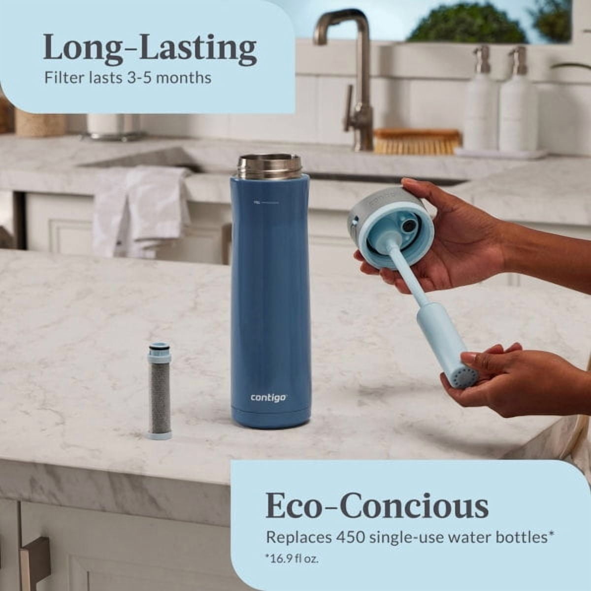 Contigo 24 oz. Wells Chill Stainless Steel Filter Bottle w/ Filters - Dark Ice - 6FAB