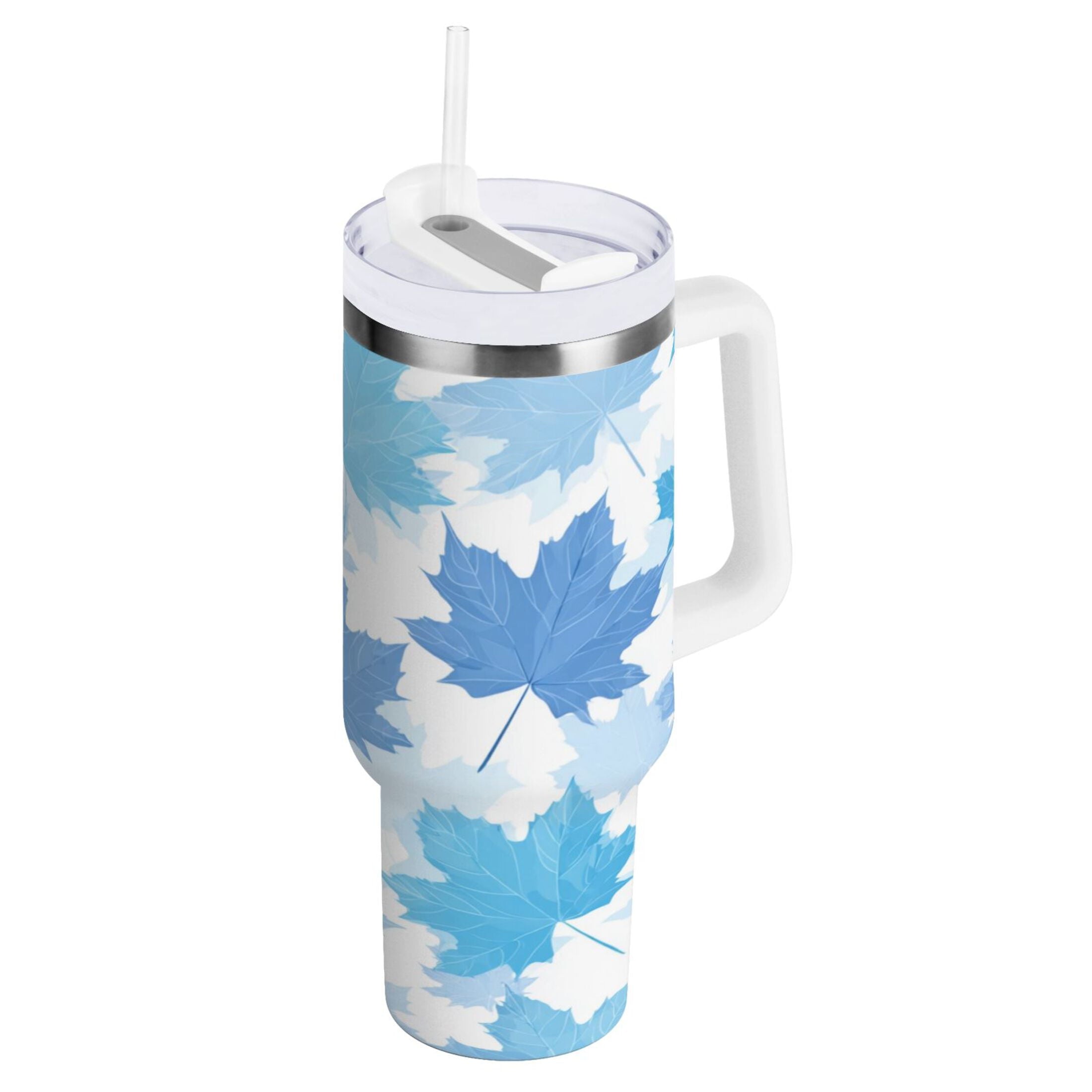 30 oz Insulated Stainless Steel Tumbler Double Wall Stainless Steel Tumbler with 2-Way Drinking Light Blue Maple Leaves - N8RQ