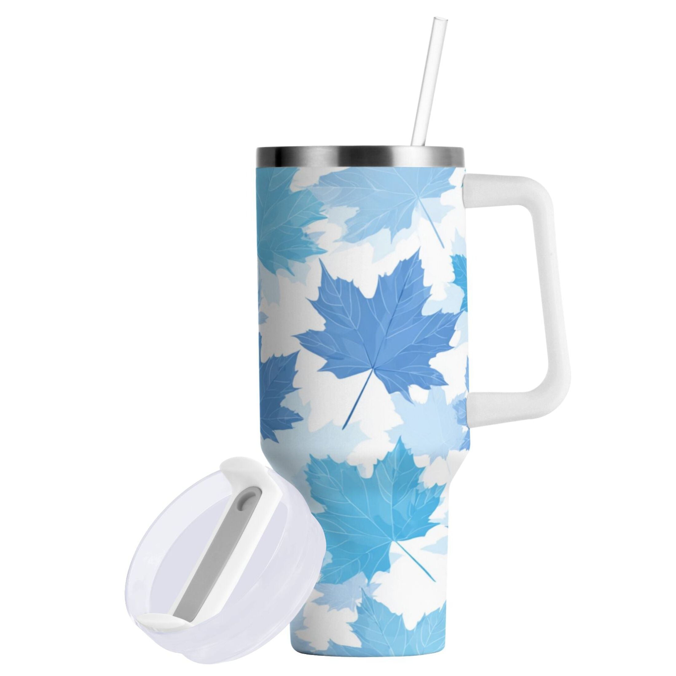 30 oz Insulated Stainless Steel Tumbler Double Wall Stainless Steel Tumbler with 2-Way Drinking Light Blue Maple Leaves - N8RQ