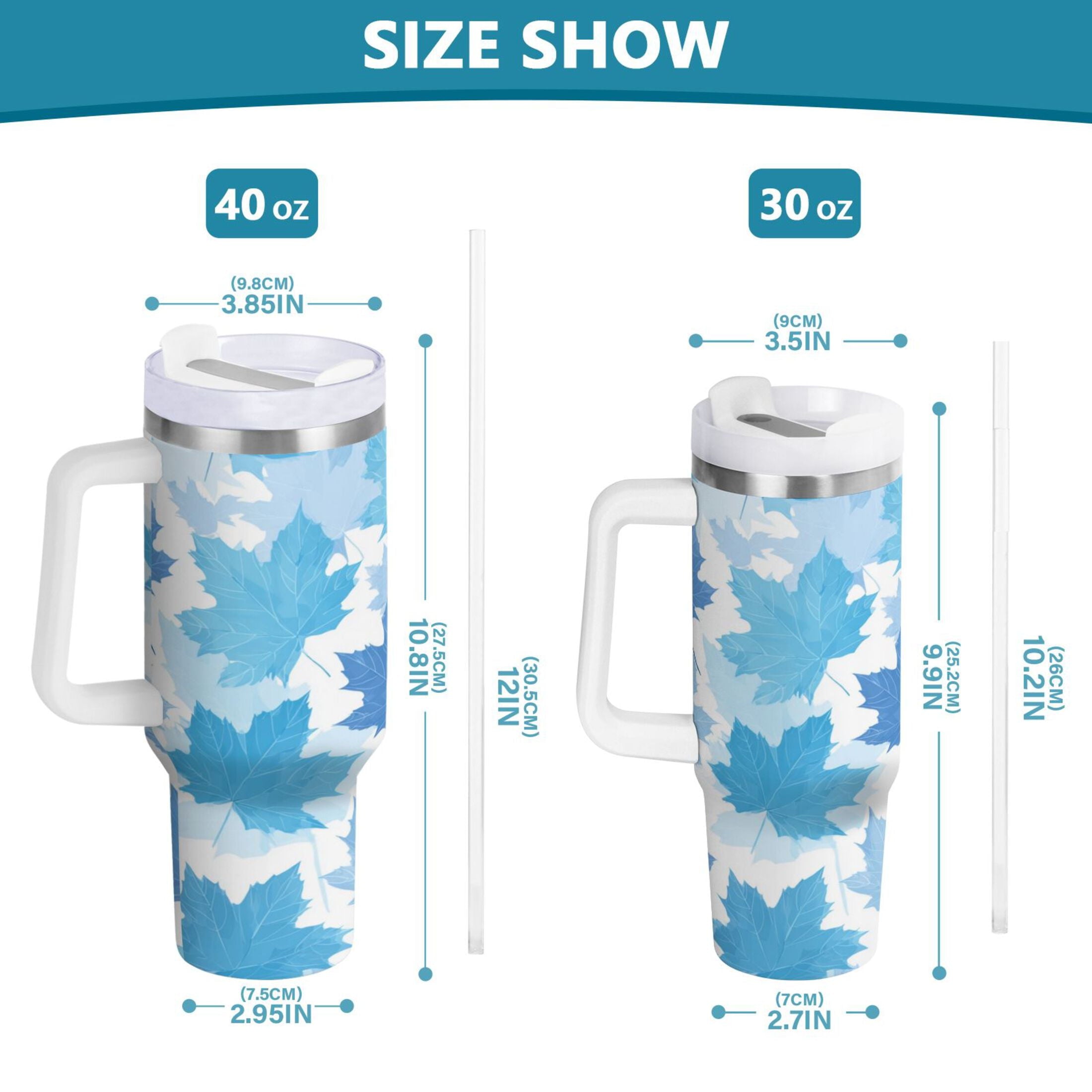30 oz Insulated Stainless Steel Tumbler Double Wall Stainless Steel Tumbler with 2-Way Drinking Light Blue Maple Leaves - N8RQ