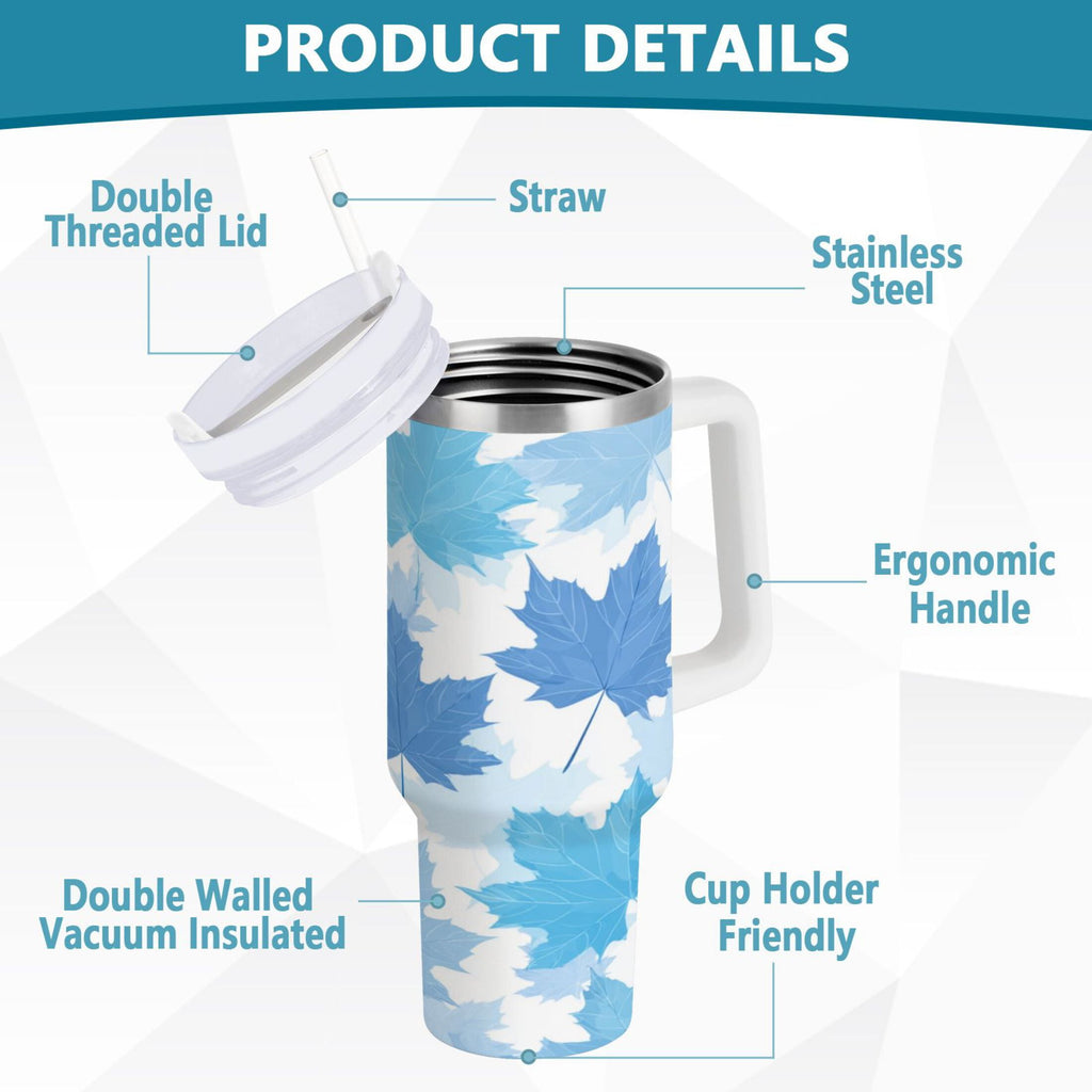 30 oz Insulated Stainless Steel Tumbler Double Wall Stainless Steel Tumbler with 2-Way Drinking Light Blue Maple Leaves - N8RQ