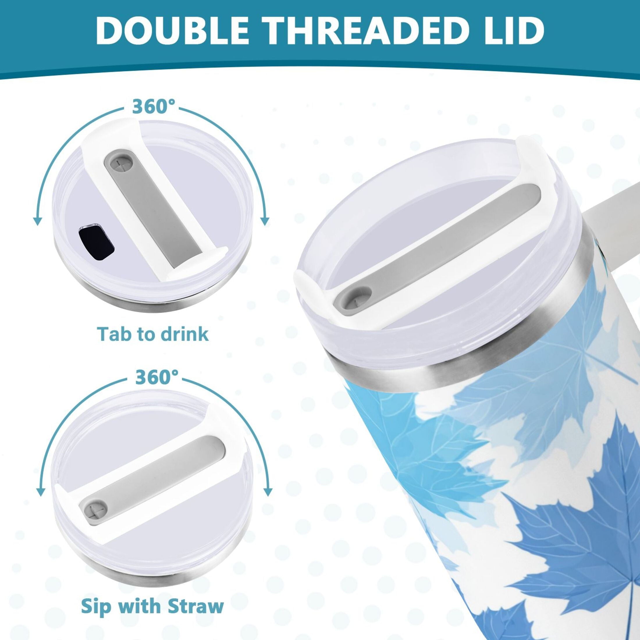 30 oz Insulated Stainless Steel Tumbler Double Wall Stainless Steel Tumbler with 2-Way Drinking Light Blue Maple Leaves - N8RQ
