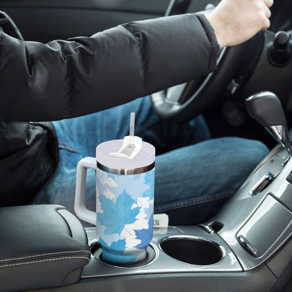 30 oz Insulated Stainless Steel Tumbler Double Wall Stainless Steel Tumbler with 2-Way Drinking Light Blue Maple Leaves - N8RQ