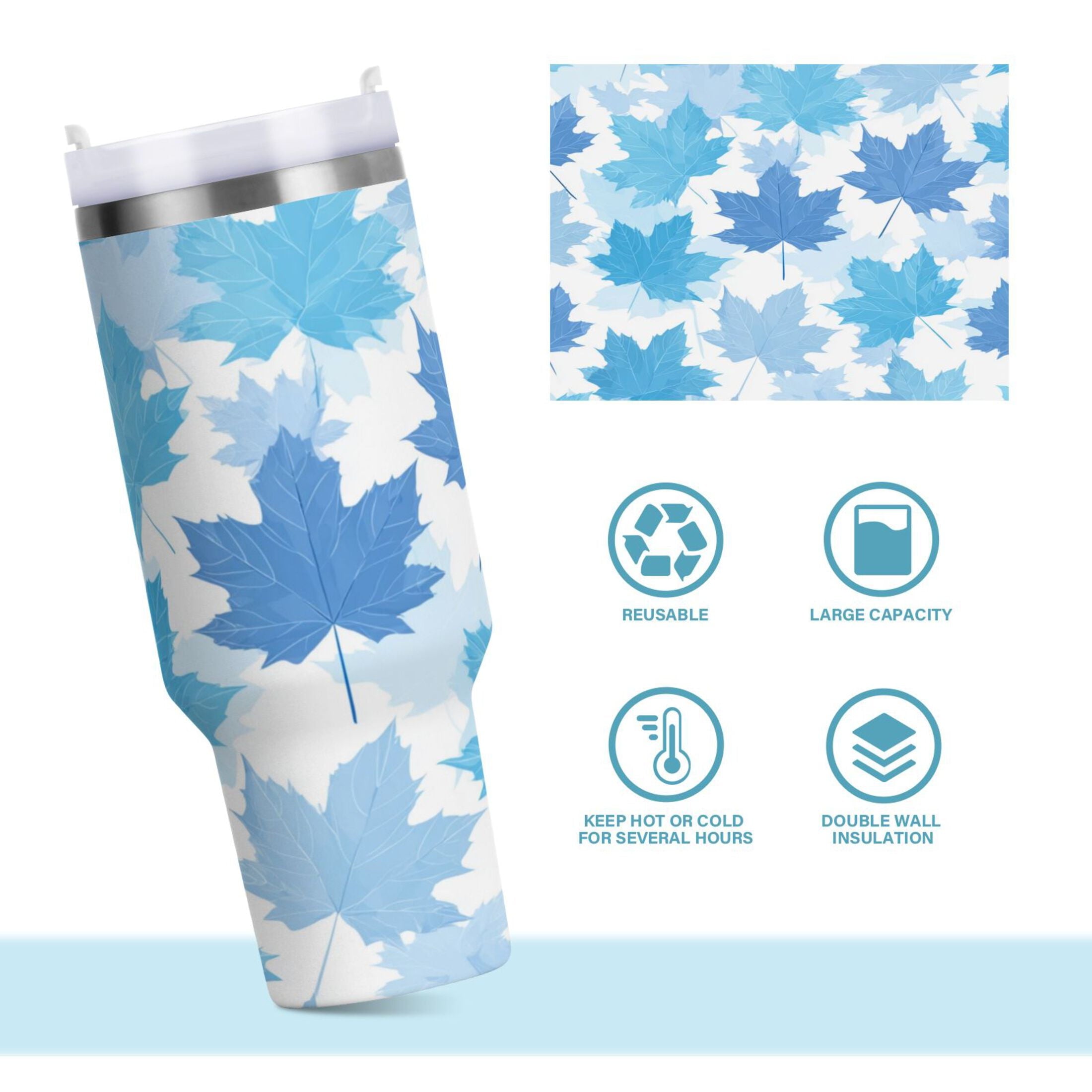 30 oz Insulated Stainless Steel Tumbler Double Wall Stainless Steel Tumbler with 2-Way Drinking Light Blue Maple Leaves - N8RQ