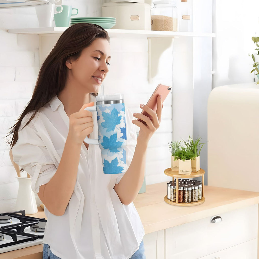 30 oz Insulated Stainless Steel Tumbler Double Wall Stainless Steel Tumbler with 2-Way Drinking Light Blue Maple Leaves - N8RQ