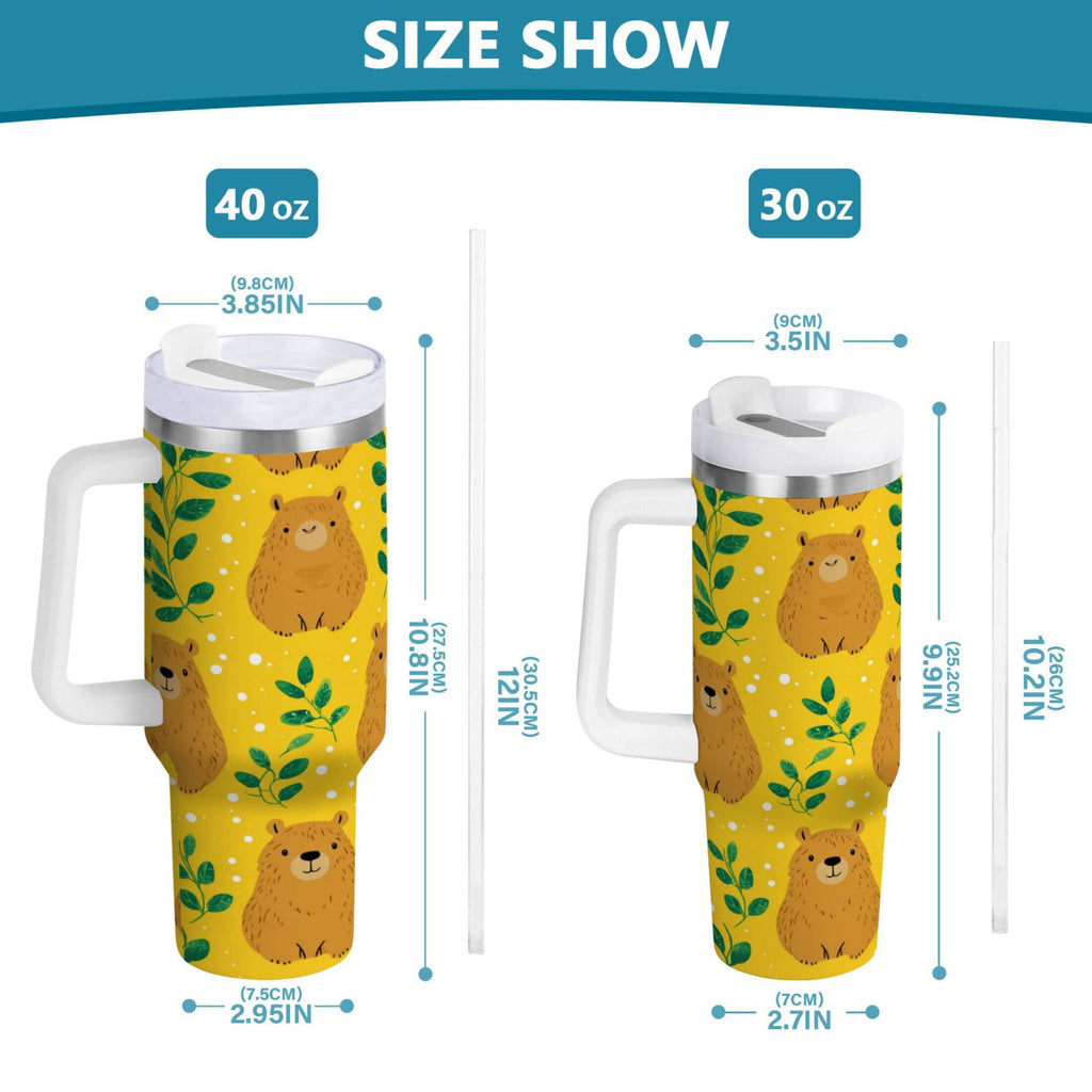 30 oz Insulated Stainless Steel Tumbler Double Wall Stainless Steel Tumbler with 2-Way Drinking Capybara and Green Leaves - P9E7