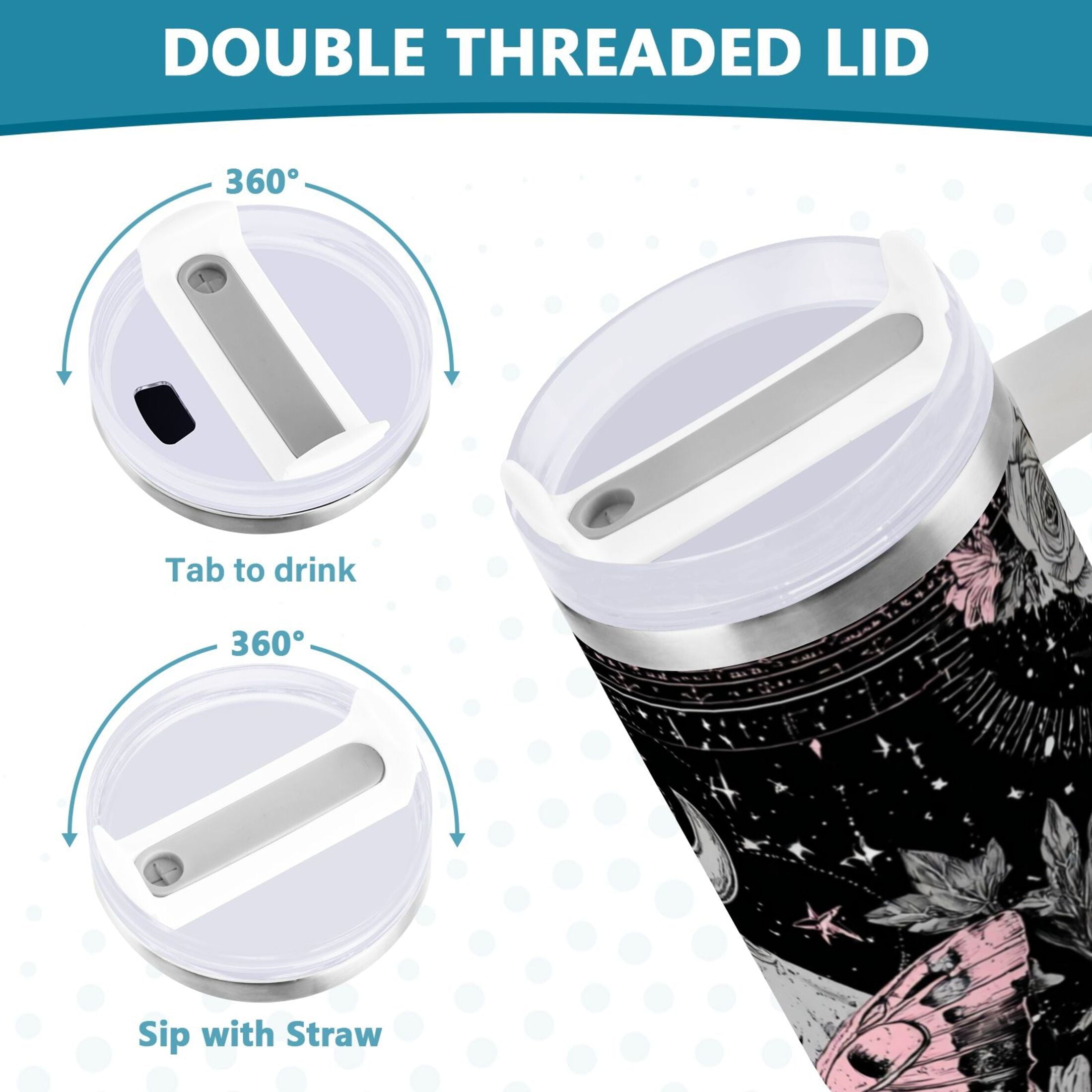 30 oz Insulated Stainless Steel Tumbler Double Wall Stainless Steel Tumbler with 2-Way Drinking Butterfly by Moon and Flowers - 2MDV