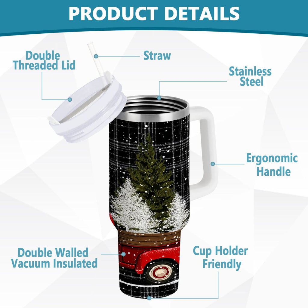 40 oz Insulated Stainless Steel Tumbler Double Wall Stainless Steel Tumbler with 2-Way Drinking Red Truck with Christmas Tree - XLKJ