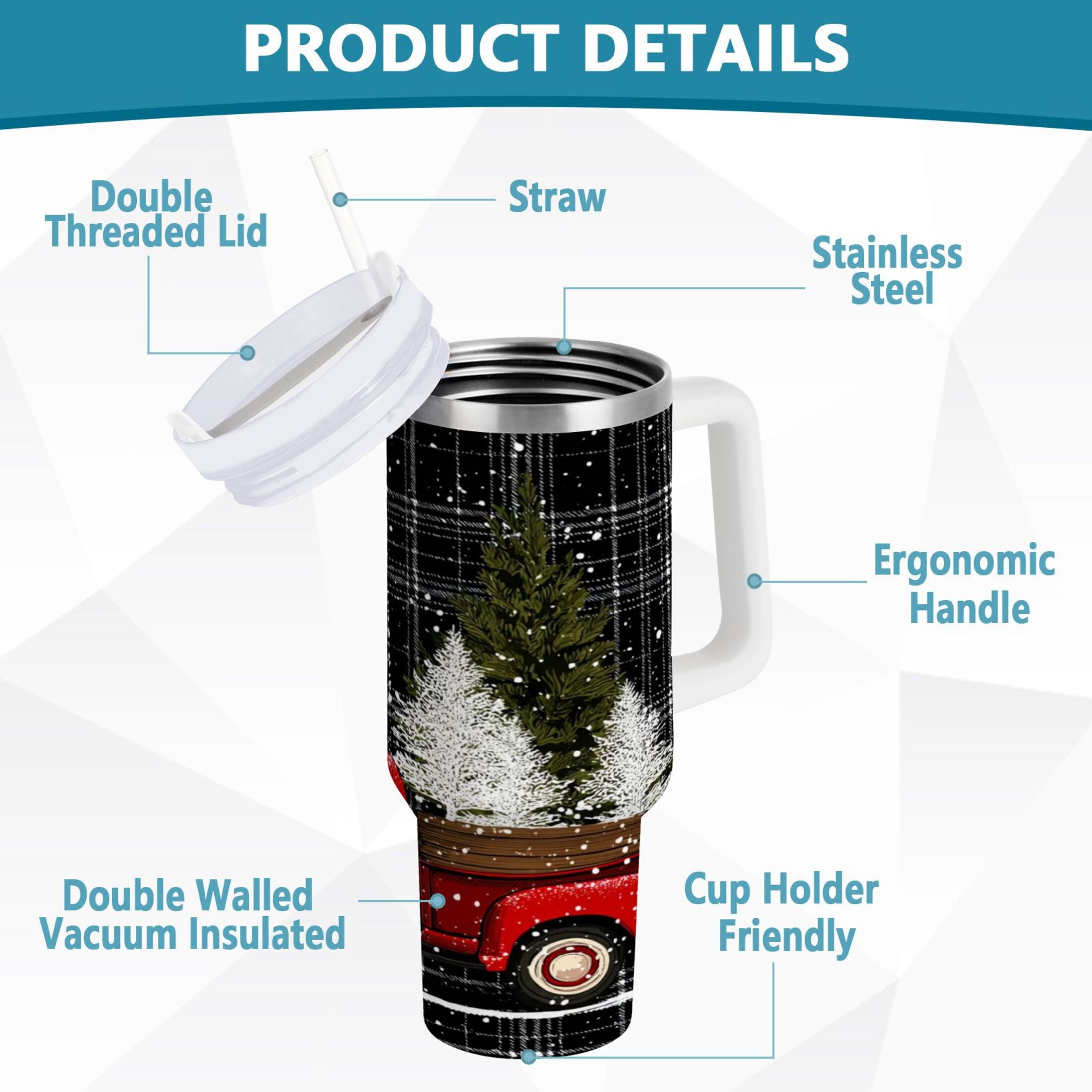 40 oz Insulated Stainless Steel Tumbler Double Wall Stainless Steel Tumbler with 2-Way Drinking Red Truck with Christmas Tree - XLKJ