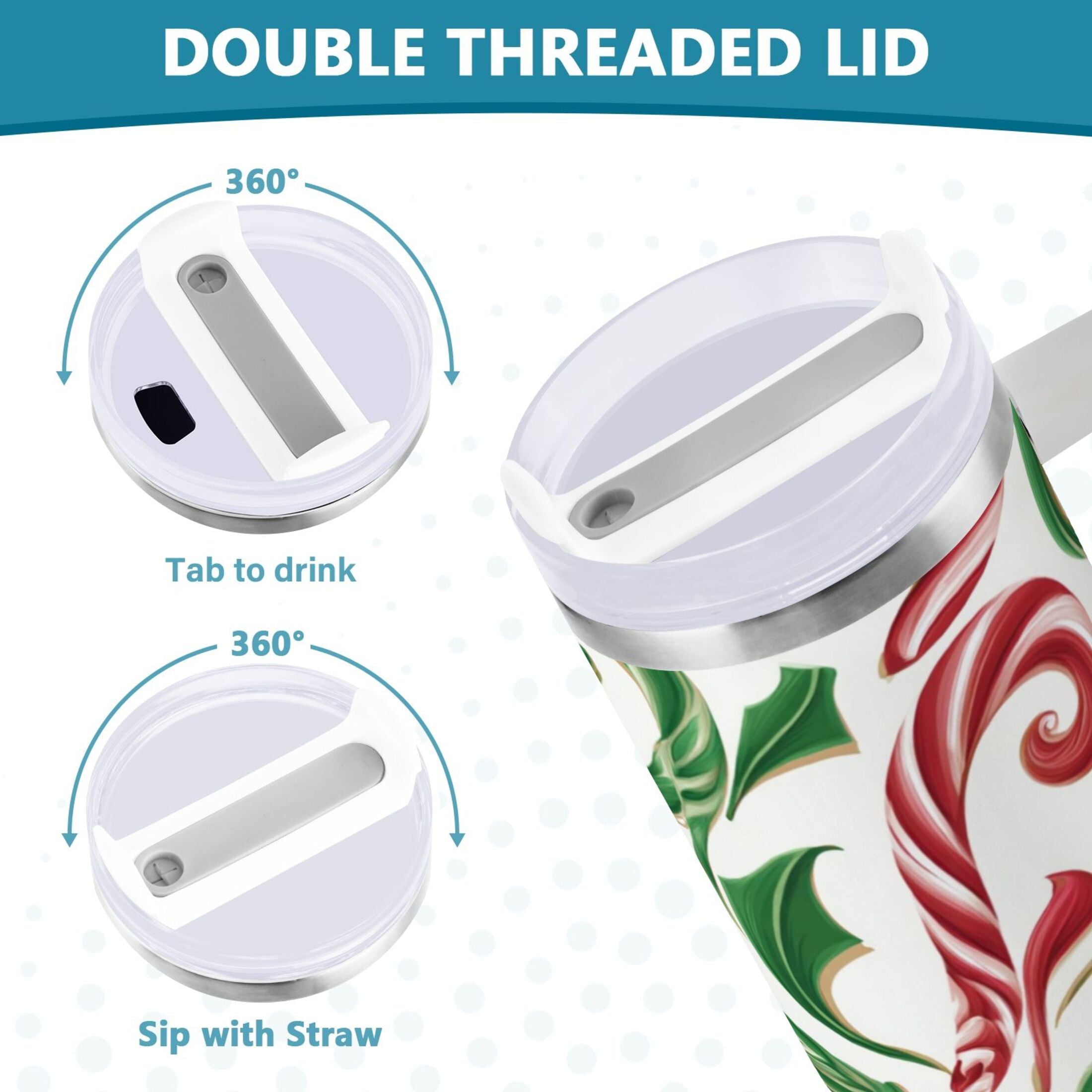 40 oz Insulated Stainless Steel Tumbler Double Wall Stainless Steel Tumbler with 2-Way Drinking Red and Green Candy-cane - 82AT