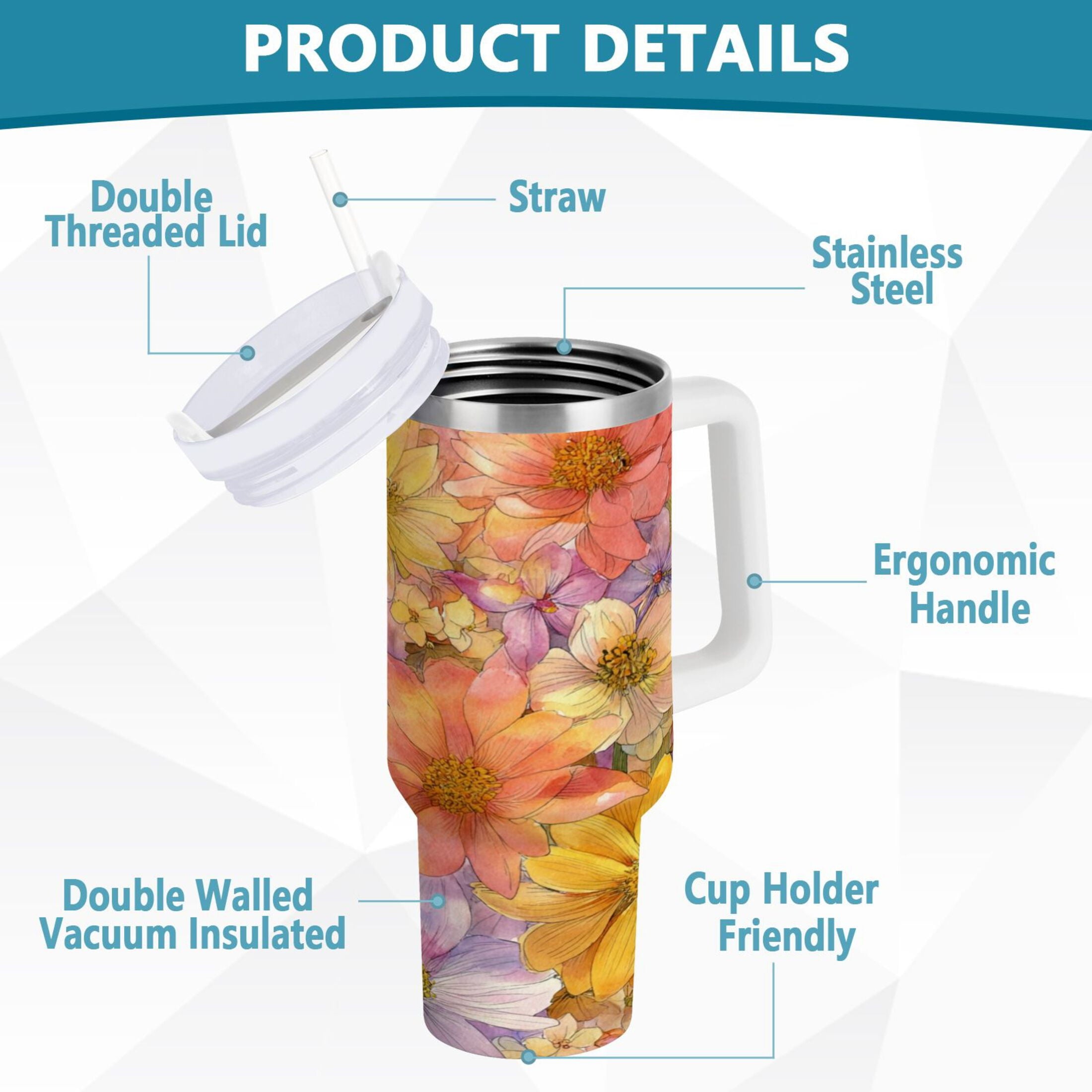 30 oz Insulated Stainless Steel Tumbler Double Wall Stainless Steel Tumbler with 2-Way Drinking Summer Blossoms - ZD7V