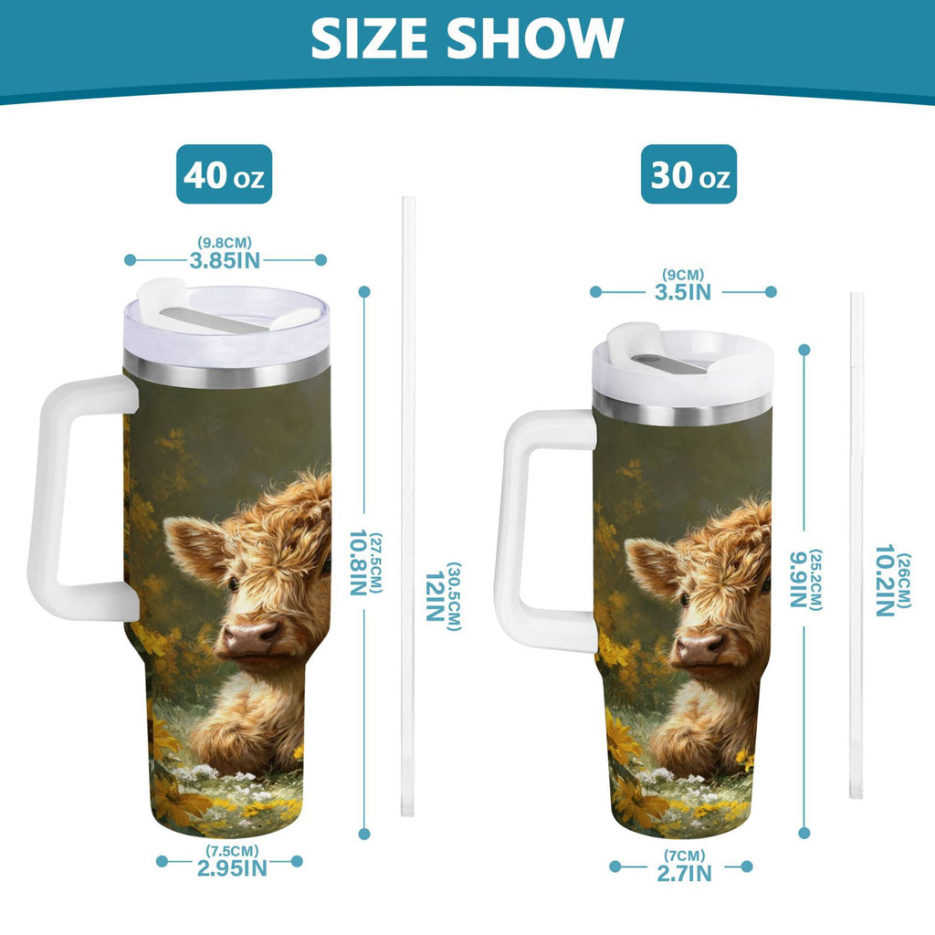 40 oz Insulated Stainless Steel Tumbler Double Wall Stainless Steel Tumbler with 2-Way Drinking Cow Lying in Sunflowers - GKZT