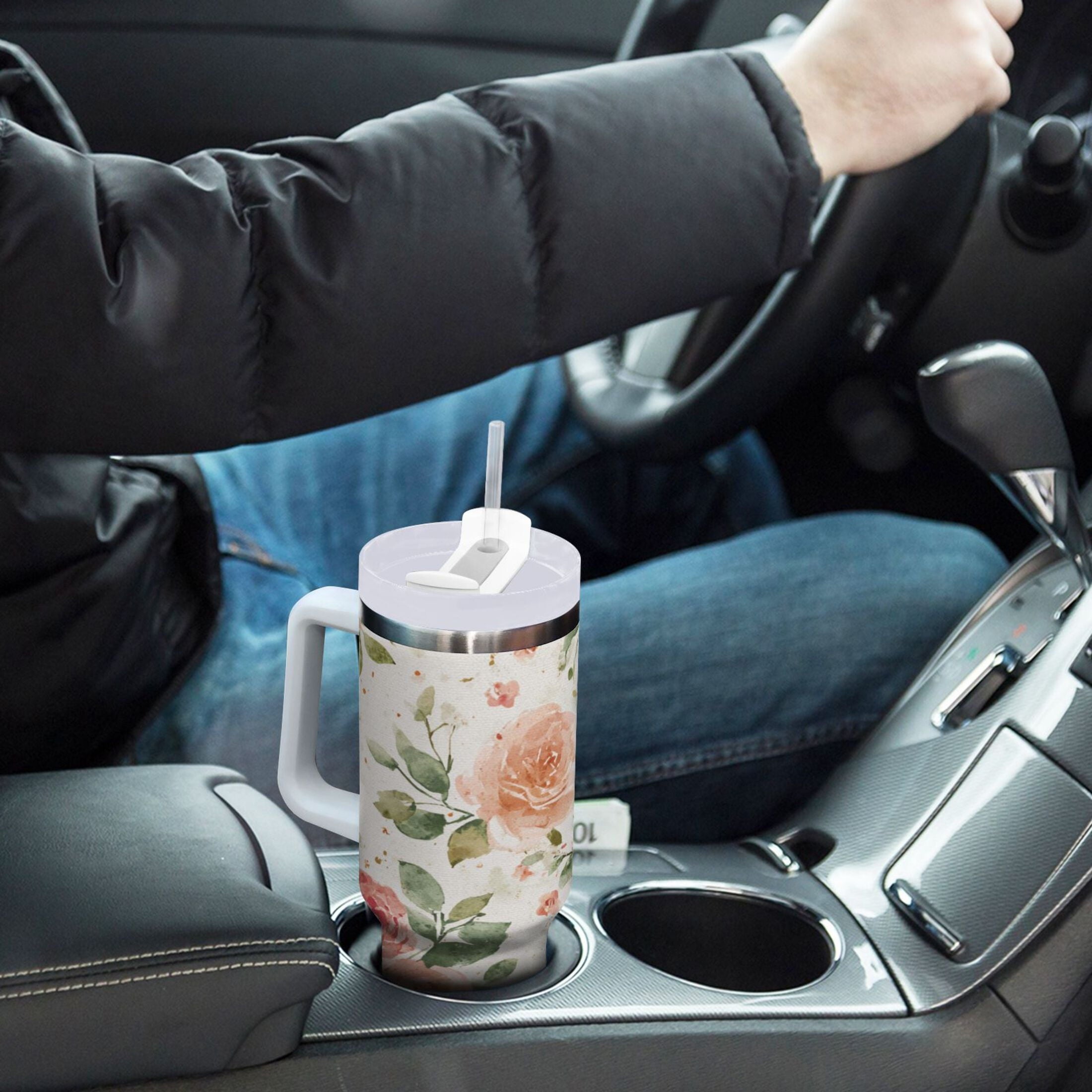40 oz Insulated Stainless Steel Tumbler Double Wall Stainless Steel Tumbler with 2-Way Drinking Watercolor Rose Floral Pattern - SLDA