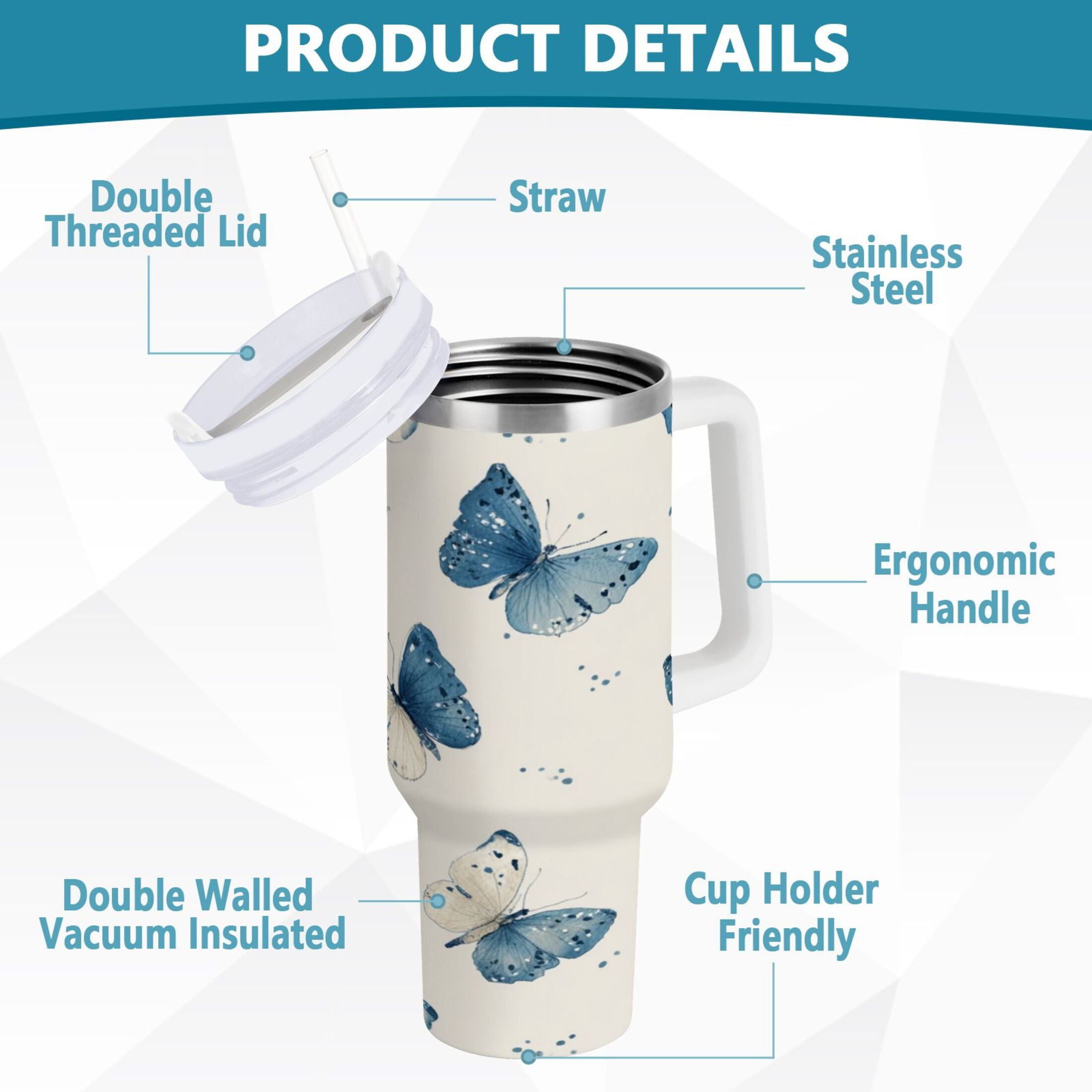 30 oz Insulated Stainless Steel Tumbler Double Wall Stainless Steel Tumbler with 2-Way Drinking Blue Watercolor Butterflies - 295Q