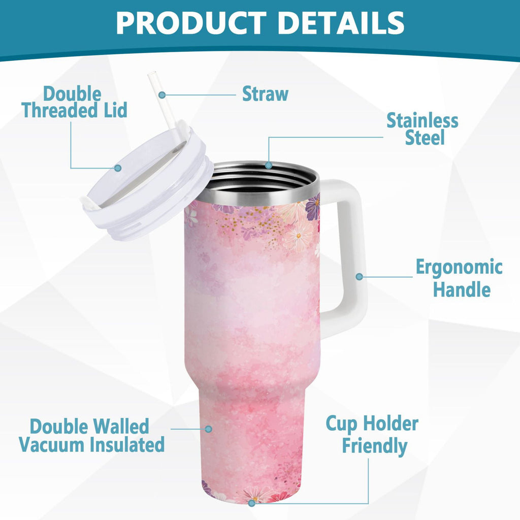 30 oz Insulated Stainless Steel Tumbler Double Wall Stainless Steel Tumbler with 2-Way Drinking Colorful Pastel Floral Pattern - P9LX