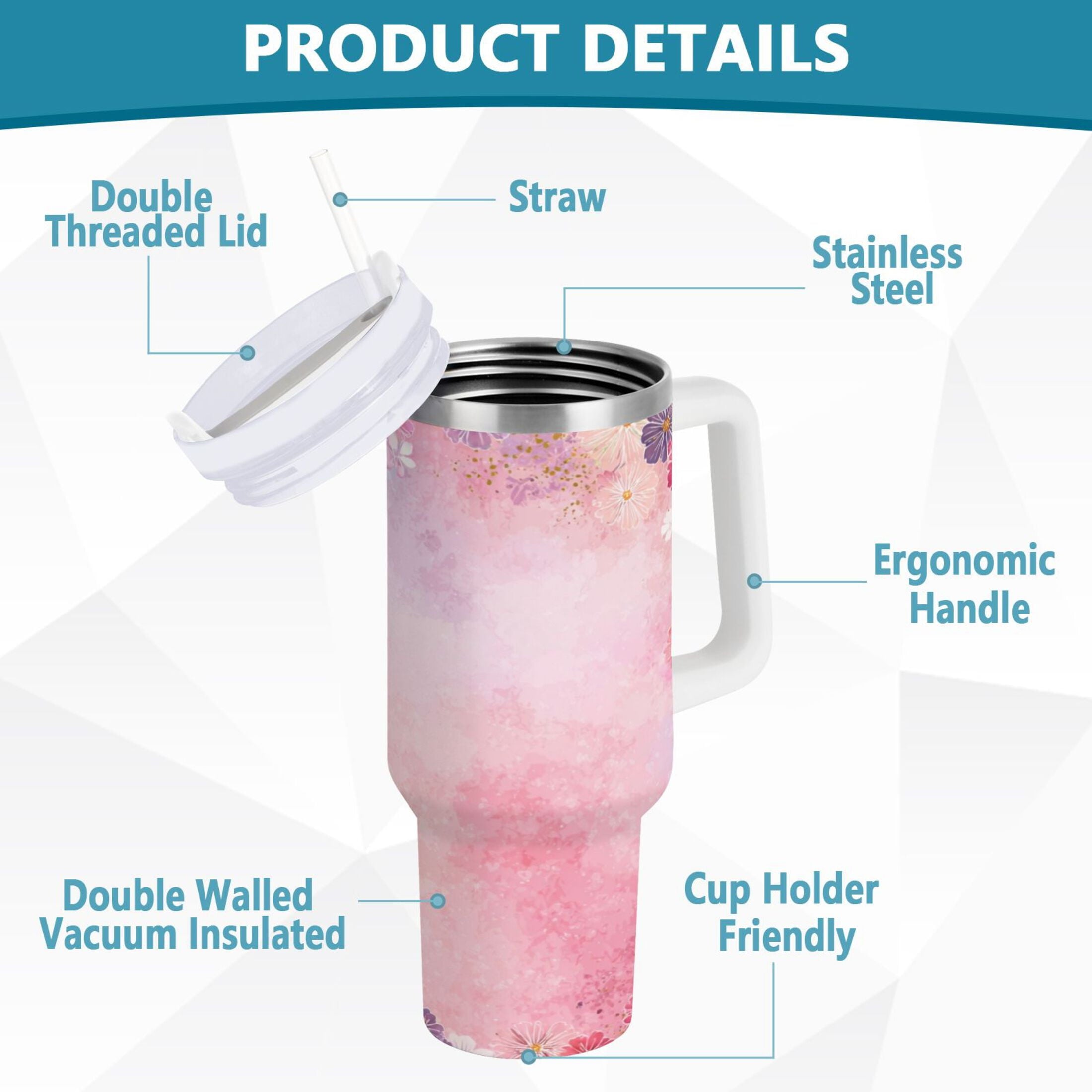 30 oz Insulated Stainless Steel Tumbler Double Wall Stainless Steel Tumbler with 2-Way Drinking Colorful Pastel Floral Pattern - P9LX