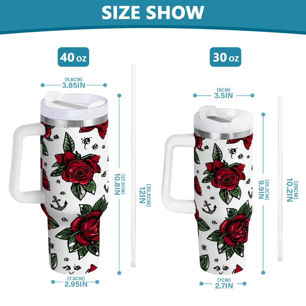 40 oz Insulated Stainless Steel Tumbler Double Wall Stainless Steel Tumbler with 2-Way Drinking Red Roses and Cherries - CWCE