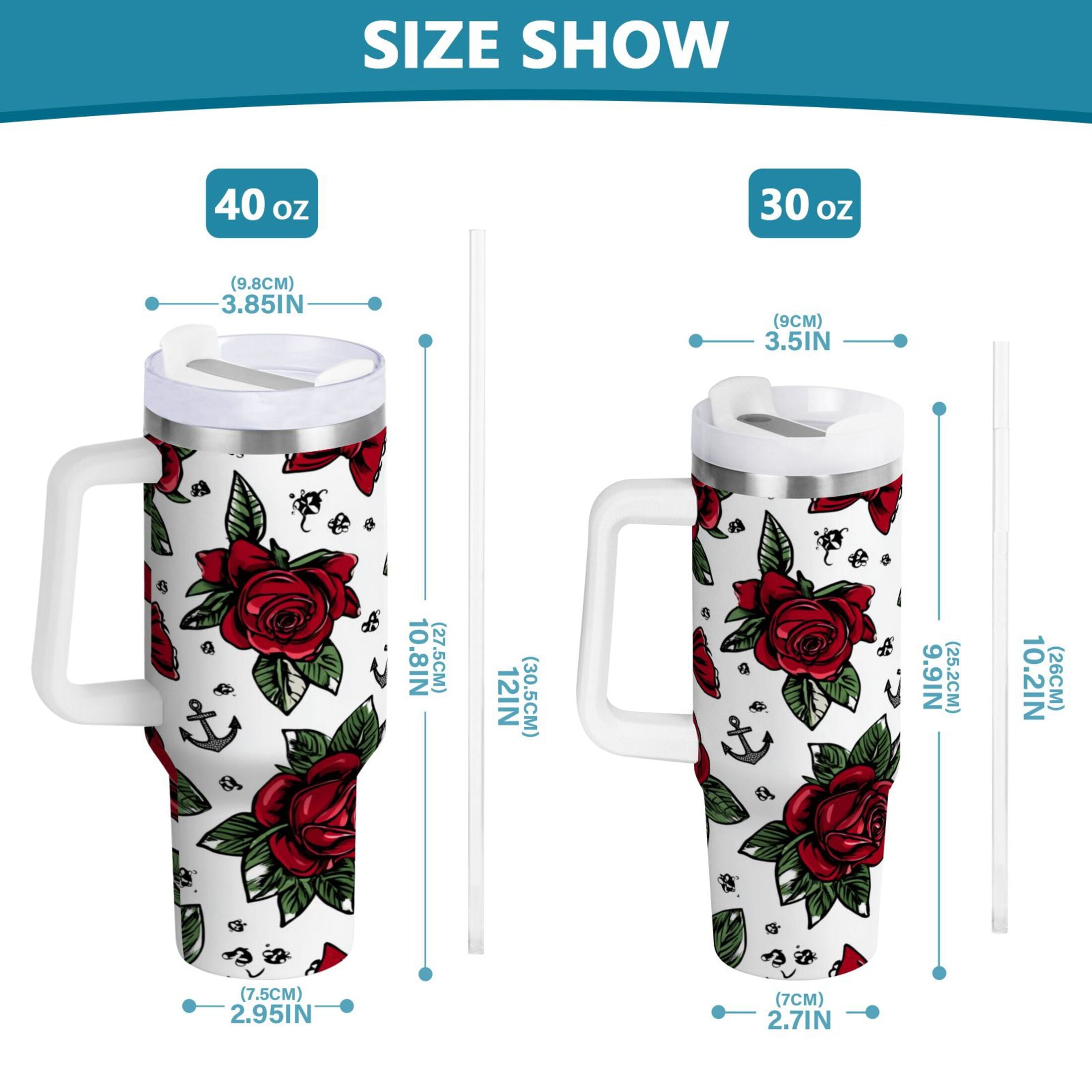 40 oz Insulated Stainless Steel Tumbler Double Wall Stainless Steel Tumbler with 2-Way Drinking Red Roses and Cherries - CWCE