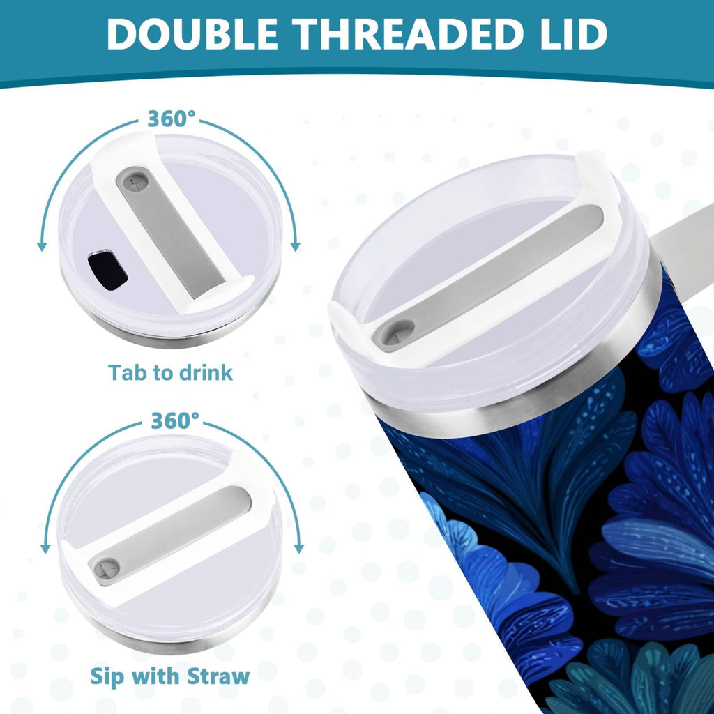30 oz Insulated Stainless Steel Tumbler Double Wall Stainless Steel Tumbler with 2-Way Drinking Blue Batik Leaves Pattern - UL6C