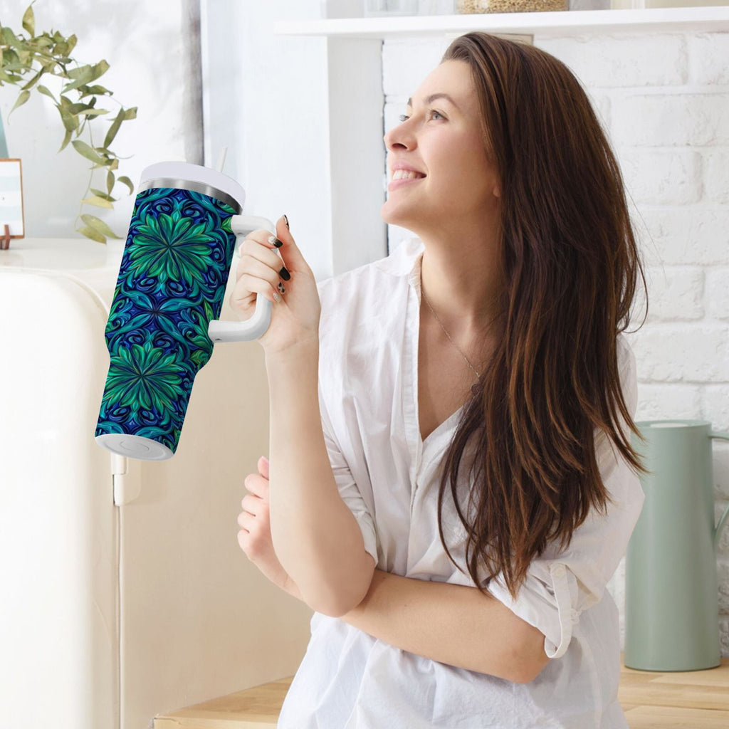 40 oz Insulated Stainless Steel Tumbler Double Wall Stainless Steel Tumbler with 2-Way Drinking Elegant Blue Traditional Patterns - KMPM