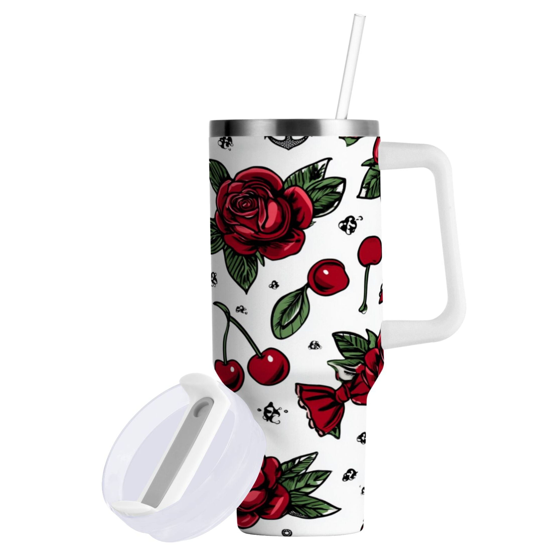40 oz Insulated Stainless Steel Tumbler Double Wall Stainless Steel Tumbler with 2-Way Drinking Red Roses and Cherries - CWCE