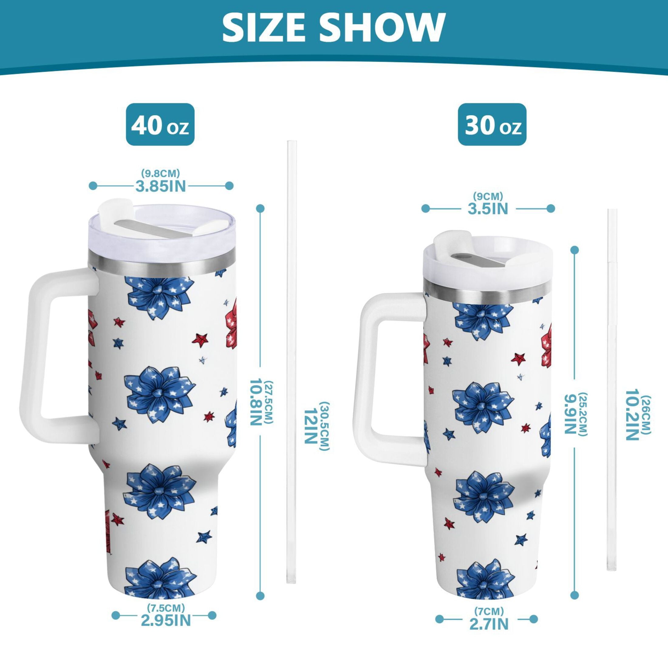 40 oz Insulated Stainless Steel Tumbler Double Wall Stainless Steel Tumbler with 2-Way Drinking Stars and Stripes Puttern Flower - TE8L