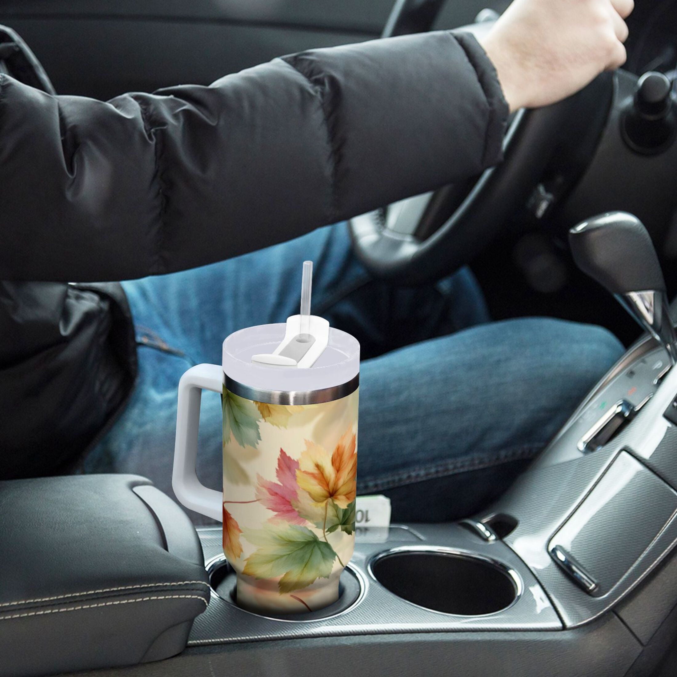 40 oz Insulated Stainless Steel Tumbler Double Wall Stainless Steel Tumbler with 2-Way Drinking Watercolor Maple Leaves Pattern - 5YJP