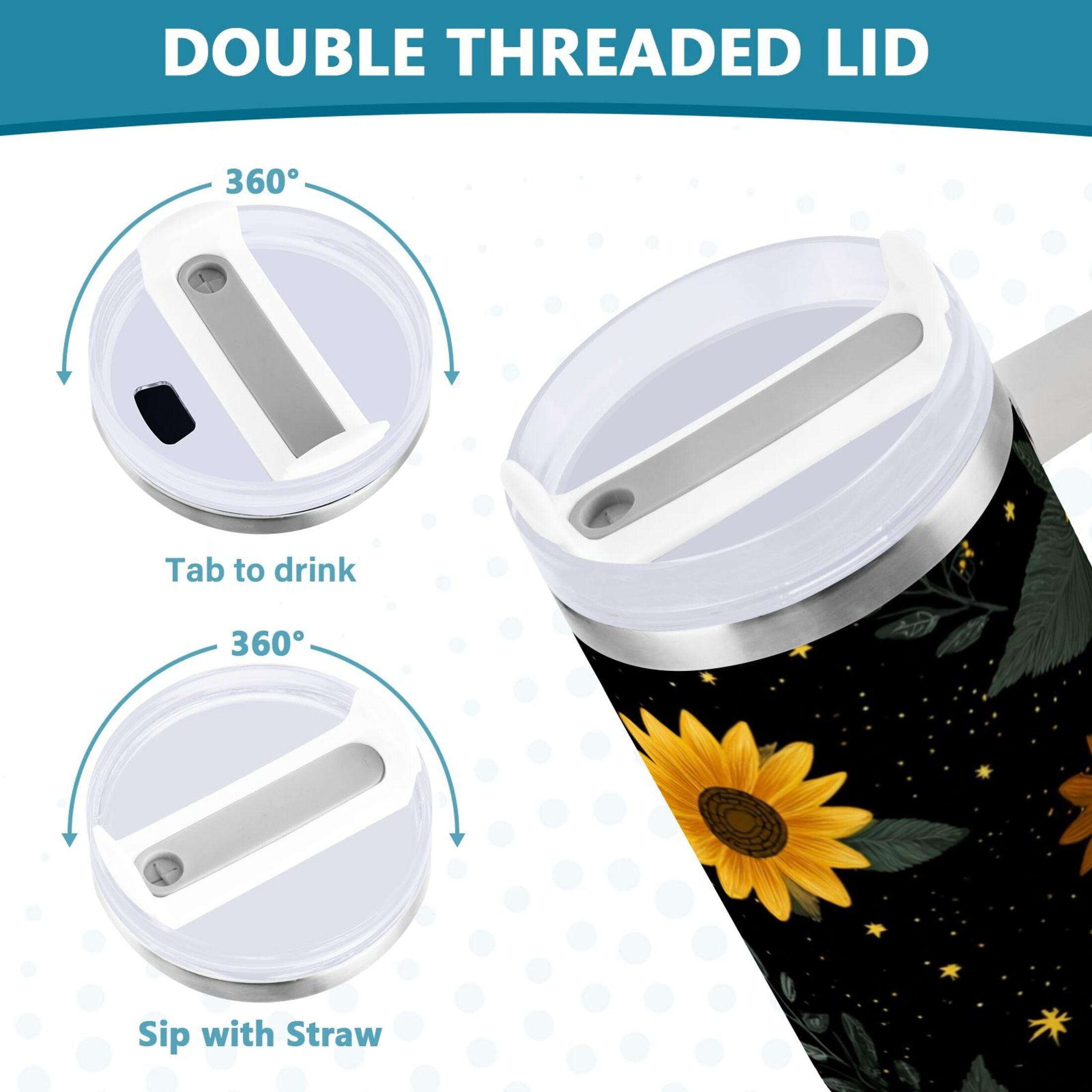 30 oz Insulated Stainless Steel Tumbler Double Wall Stainless Steel Tumbler with 2-Way Drinking Yellow Sunflower Pattern - SSJR