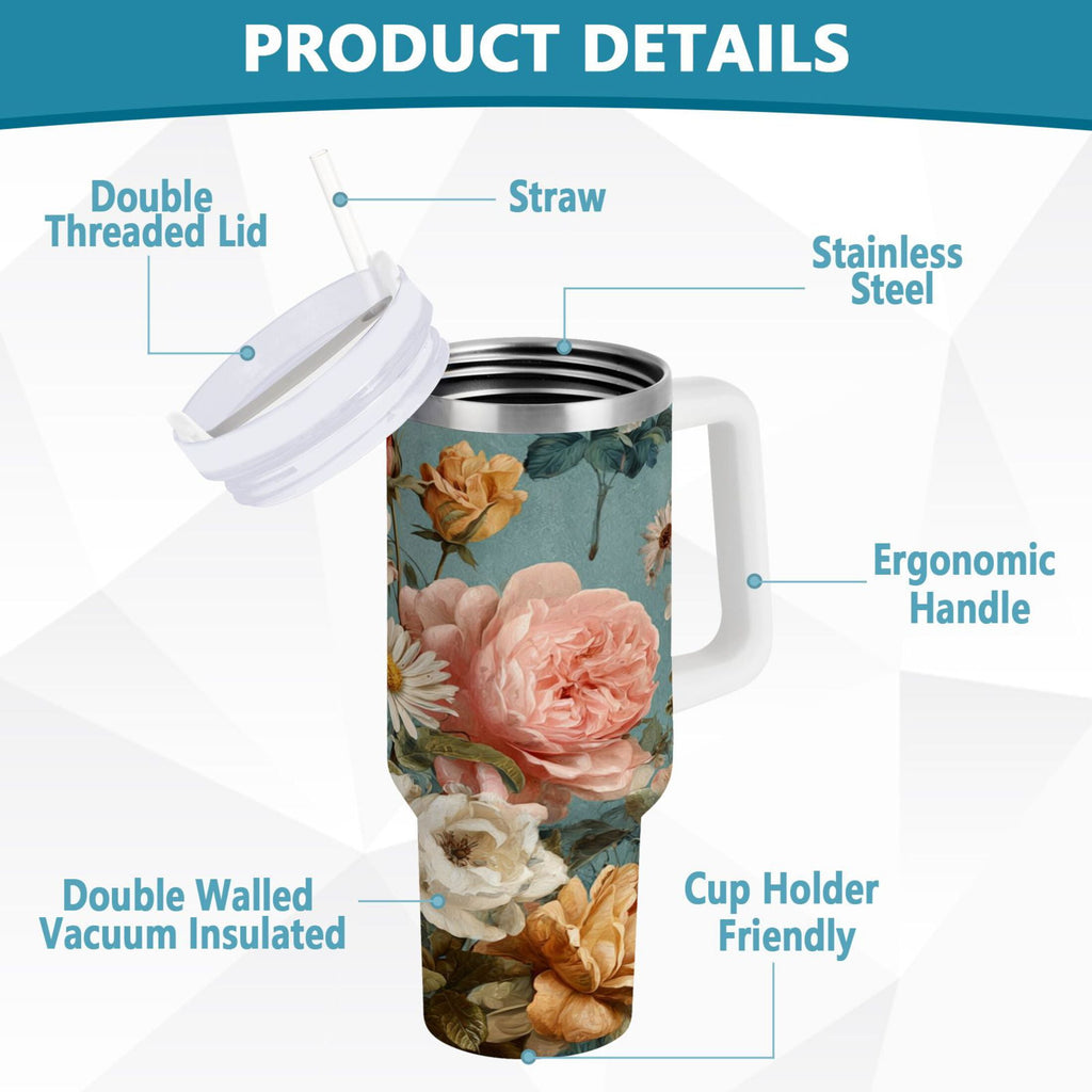 30 oz Insulated Stainless Steel Tumbler Double Wall Stainless Steel Tumbler with 2-Way Drinking Vintage Roses and Peonies - VM94
