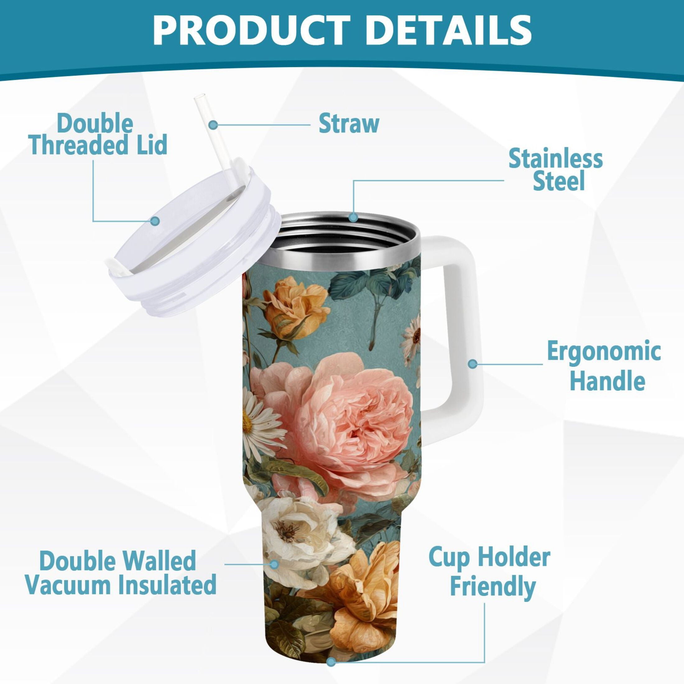 30 oz Insulated Stainless Steel Tumbler Double Wall Stainless Steel Tumbler with 2-Way Drinking Vintage Roses and Peonies - VM94