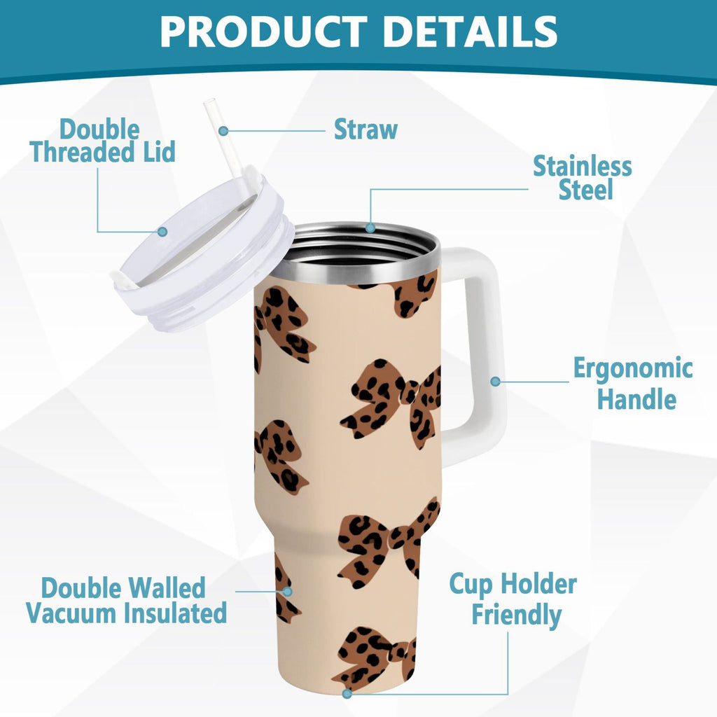 30 oz Insulated Stainless Steel Tumbler Double Wall Stainless Steel Tumbler with 2-Way Drinking Cute Brown Bow - NETE