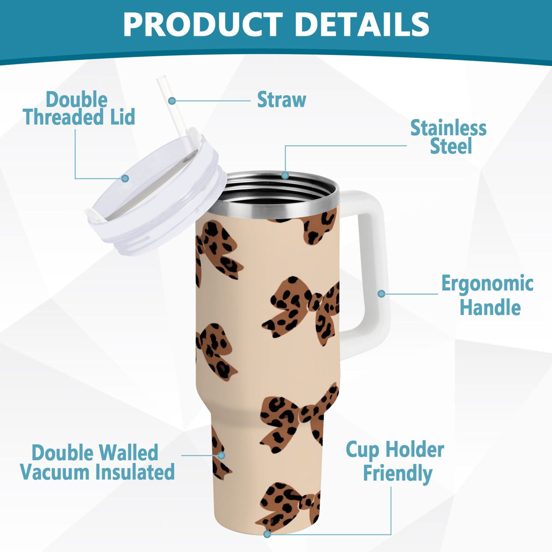 30 oz Insulated Stainless Steel Tumbler Double Wall Stainless Steel Tumbler with 2-Way Drinking Cute Brown Bow - NETE