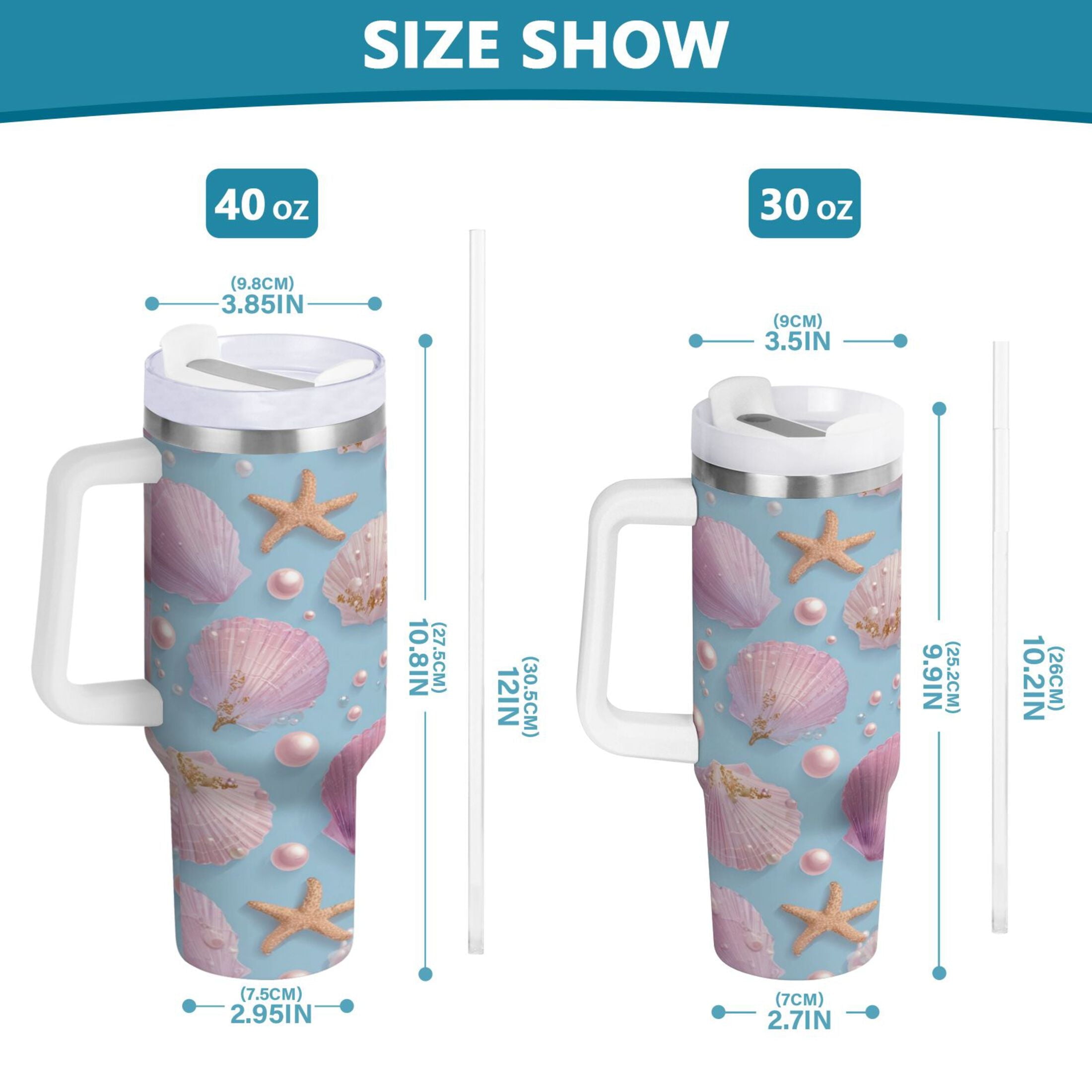 40 oz Insulated Stainless Steel Tumbler Double Wall Stainless Steel Tumbler with 2-Way Drinking Seashells and Pearls Pattern - 9BS2