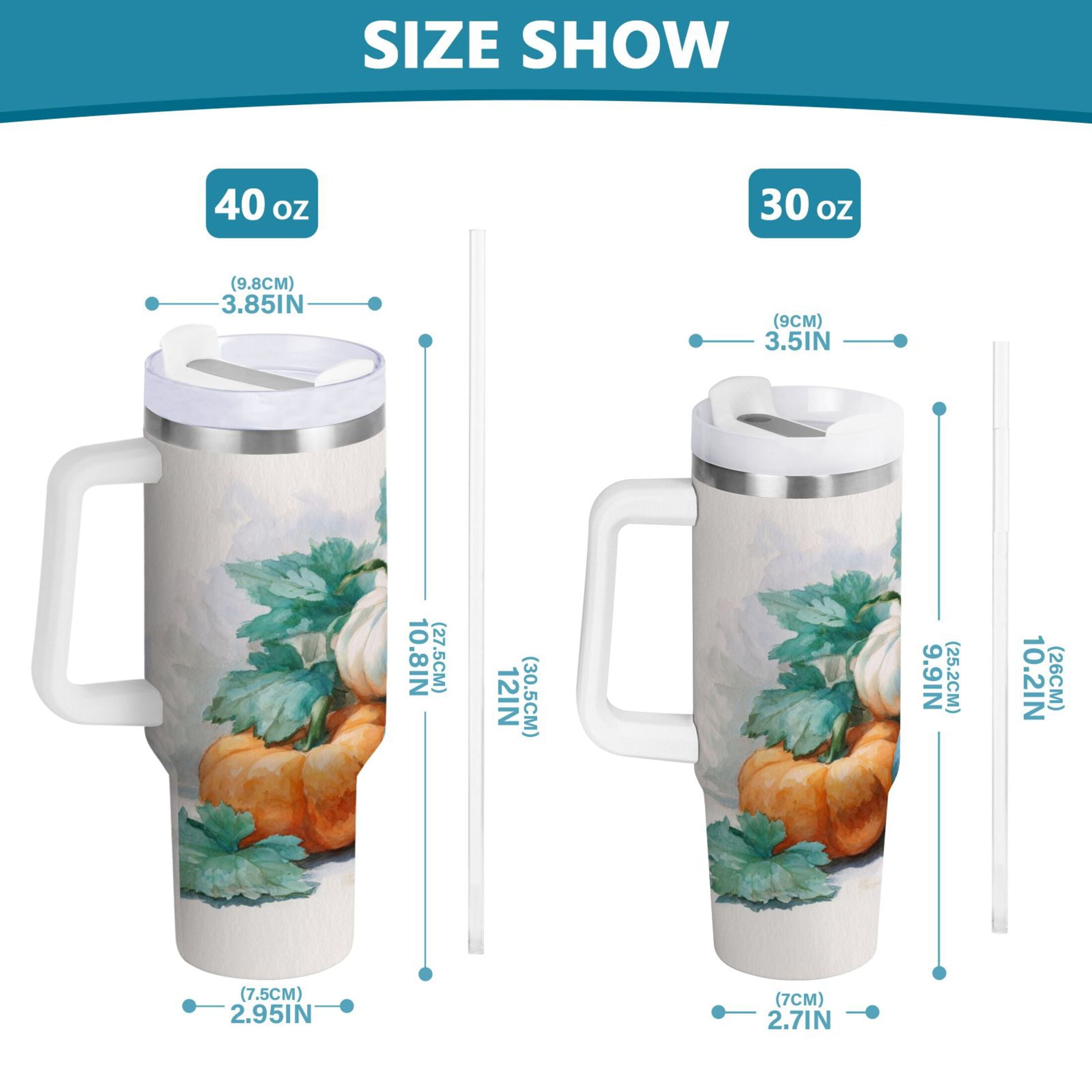 40 oz Insulated Stainless Steel Tumbler Double Wall Stainless Steel Tumbler with 2-Way Drinking Watercolor Pumpkins and Leaves - ACZK