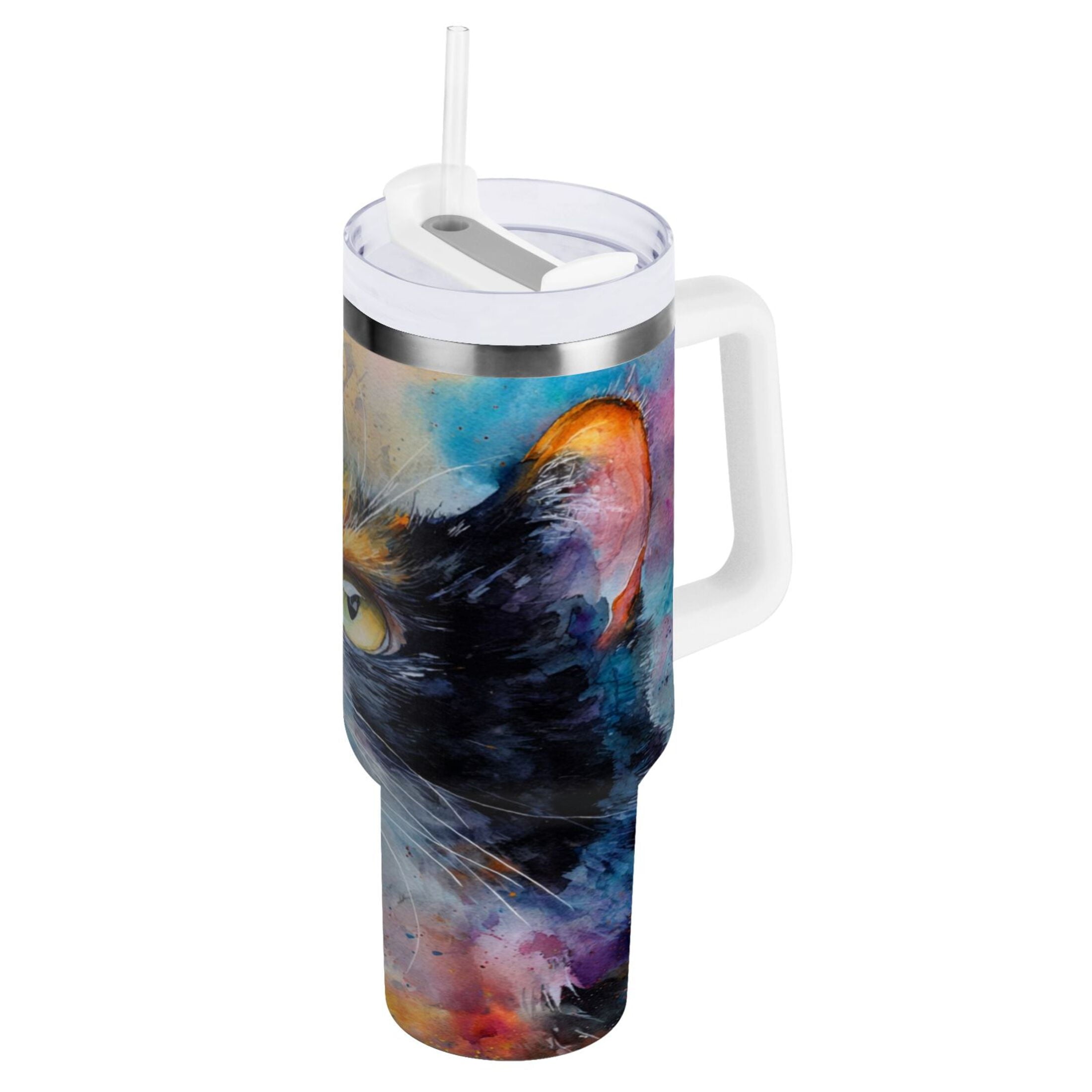 30 oz Insulated Stainless Steel Tumbler Double Wall Stainless Steel Tumbler with 2-Way Drinking Watercolor Calico Cat - 5KFB