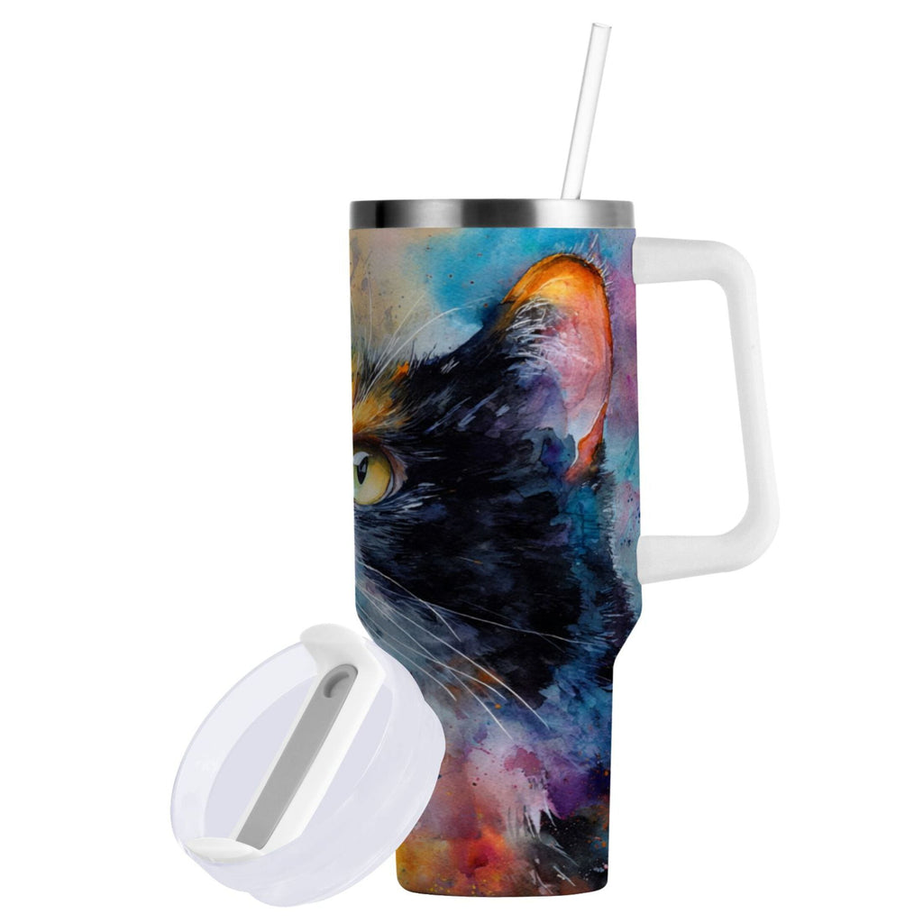 30 oz Insulated Stainless Steel Tumbler Double Wall Stainless Steel Tumbler with 2-Way Drinking Watercolor Calico Cat - 5KFB