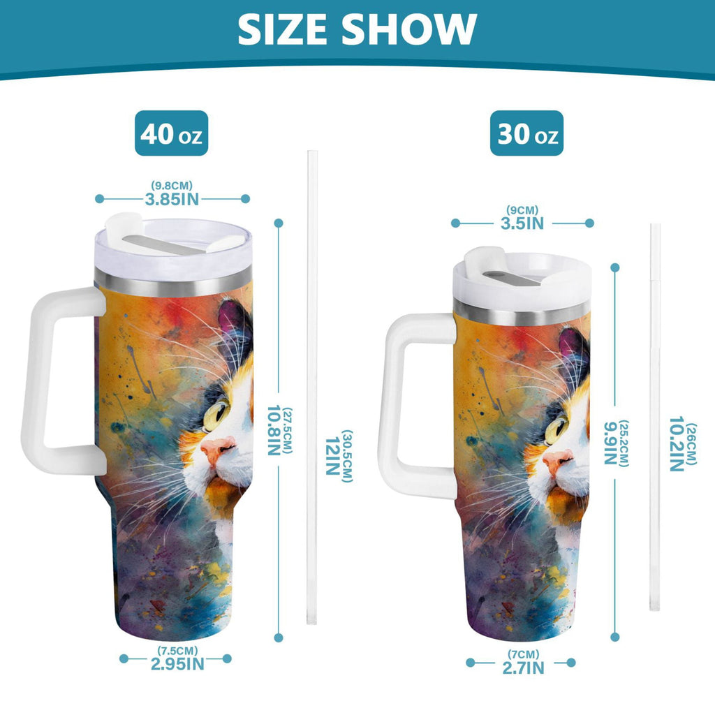 30 oz Insulated Stainless Steel Tumbler Double Wall Stainless Steel Tumbler with 2-Way Drinking Watercolor Calico Cat - 5KFB
