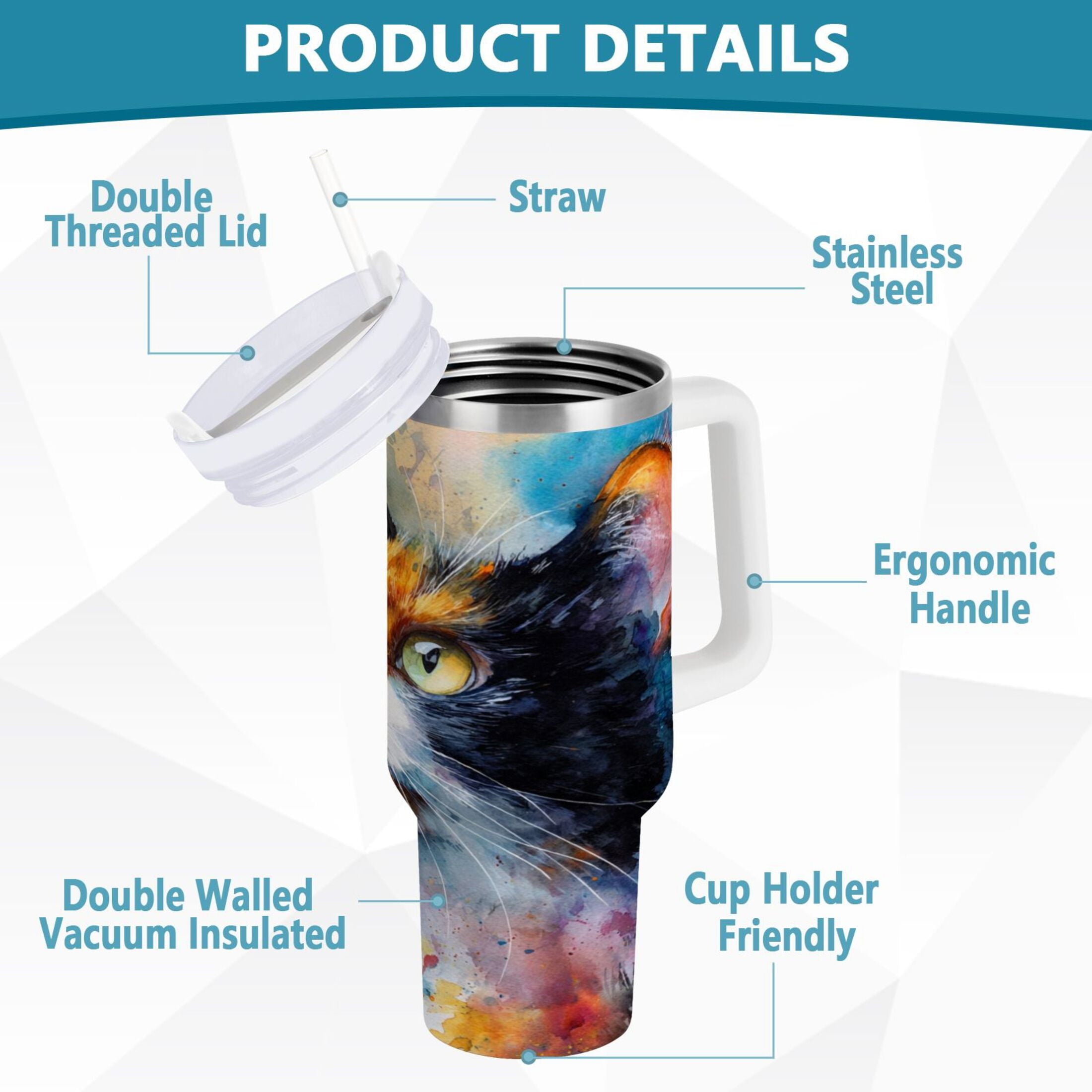 30 oz Insulated Stainless Steel Tumbler Double Wall Stainless Steel Tumbler with 2-Way Drinking Watercolor Calico Cat - 5KFB