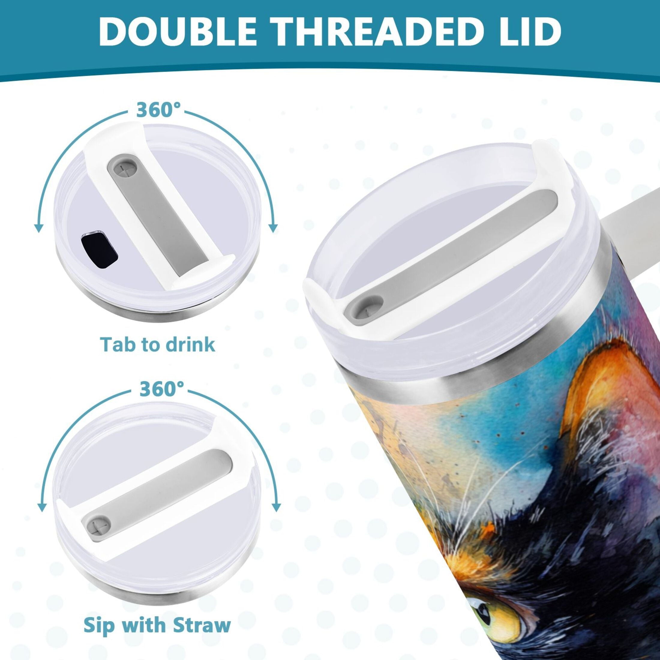 30 oz Insulated Stainless Steel Tumbler Double Wall Stainless Steel Tumbler with 2-Way Drinking Watercolor Calico Cat - 5KFB