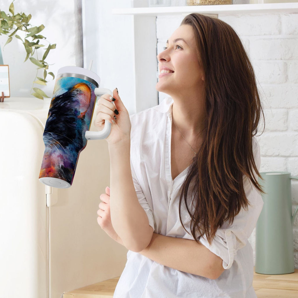 30 oz Insulated Stainless Steel Tumbler Double Wall Stainless Steel Tumbler with 2-Way Drinking Watercolor Calico Cat - 5KFB