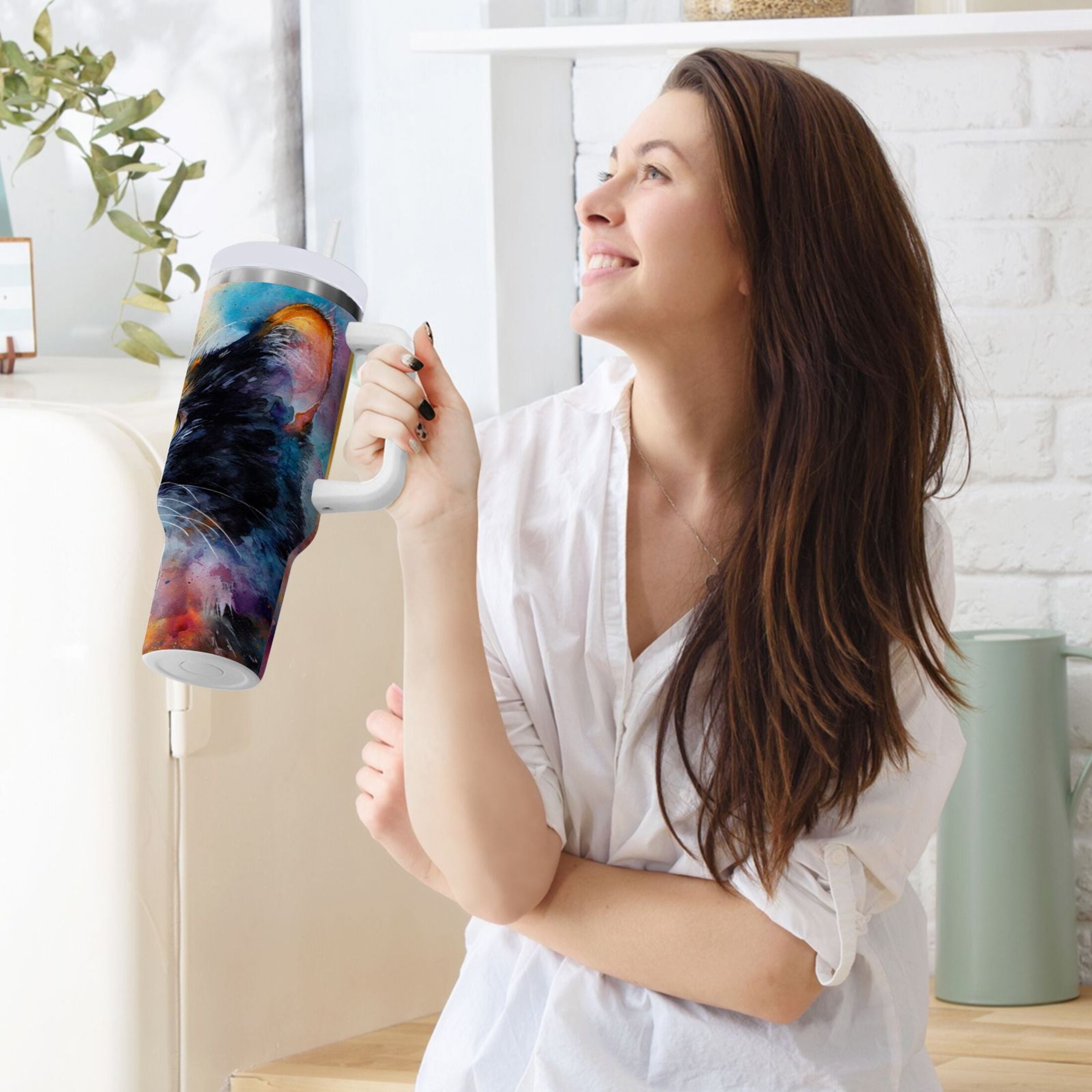 30 oz Insulated Stainless Steel Tumbler Double Wall Stainless Steel Tumbler with 2-Way Drinking Watercolor Calico Cat - 5KFB