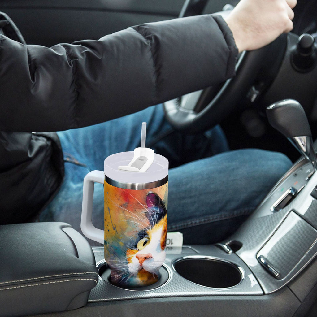 30 oz Insulated Stainless Steel Tumbler Double Wall Stainless Steel Tumbler with 2-Way Drinking Watercolor Calico Cat - 5KFB