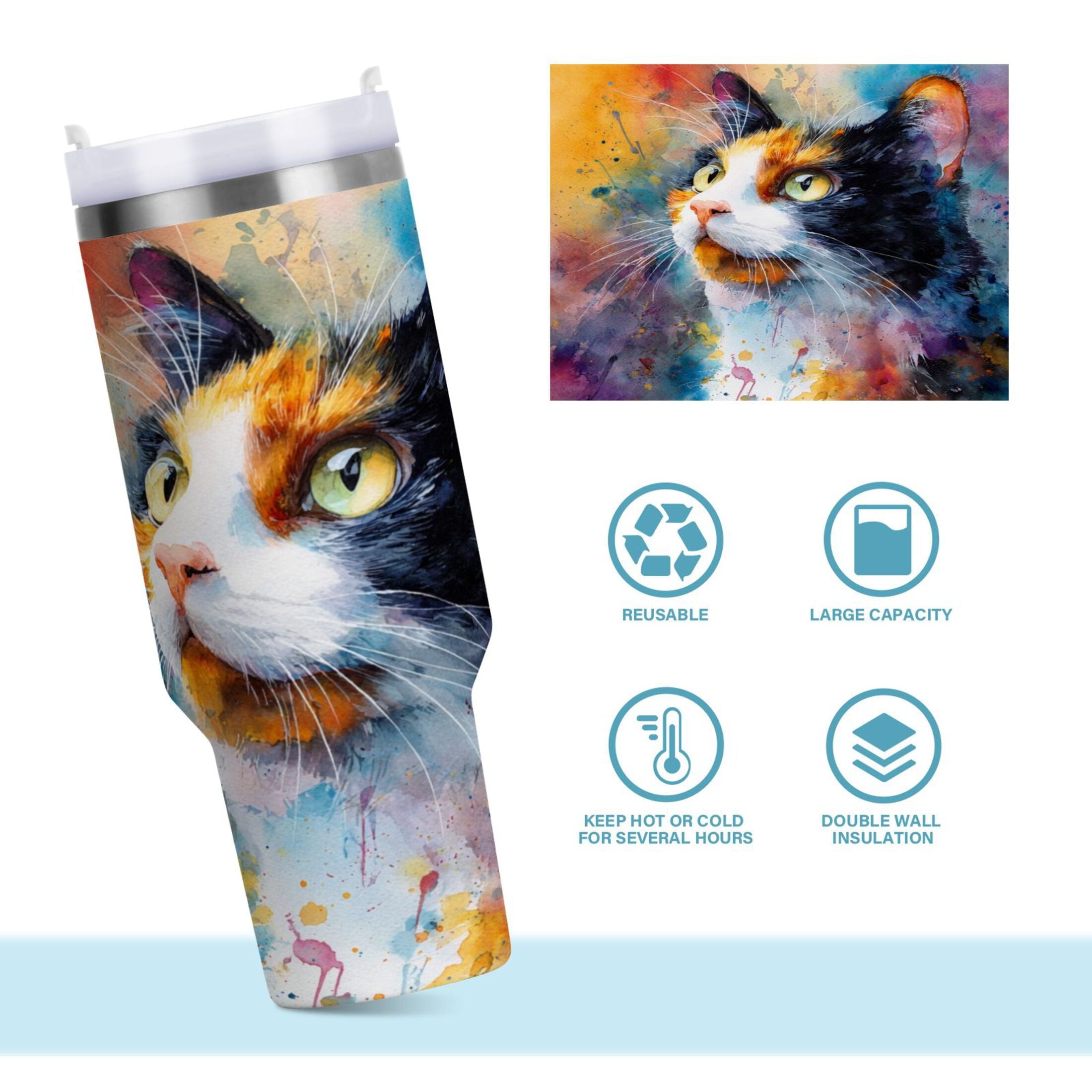 30 oz Insulated Stainless Steel Tumbler Double Wall Stainless Steel Tumbler with 2-Way Drinking Watercolor Calico Cat - 5KFB