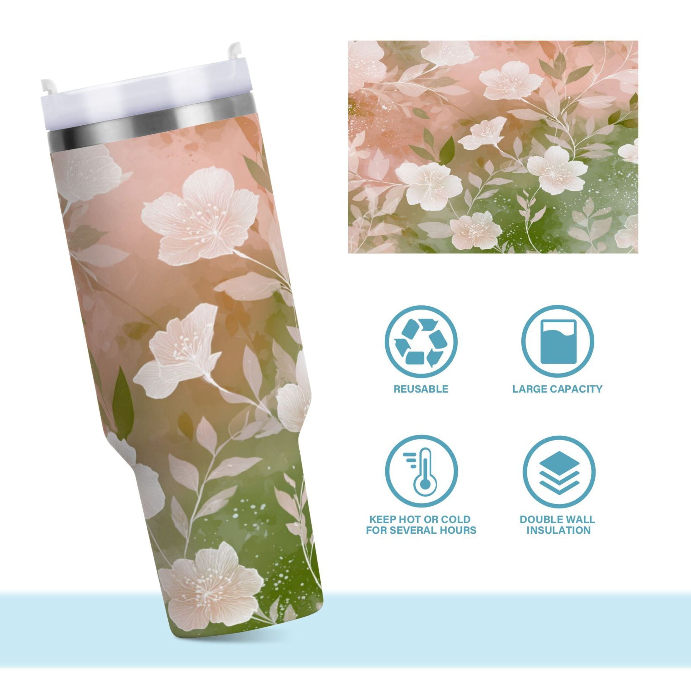 30 oz Insulated Stainless Steel Tumbler Double Wall Stainless Steel Tumbler with 2-Way Drinking Gradient Elegant Floral - HVLR