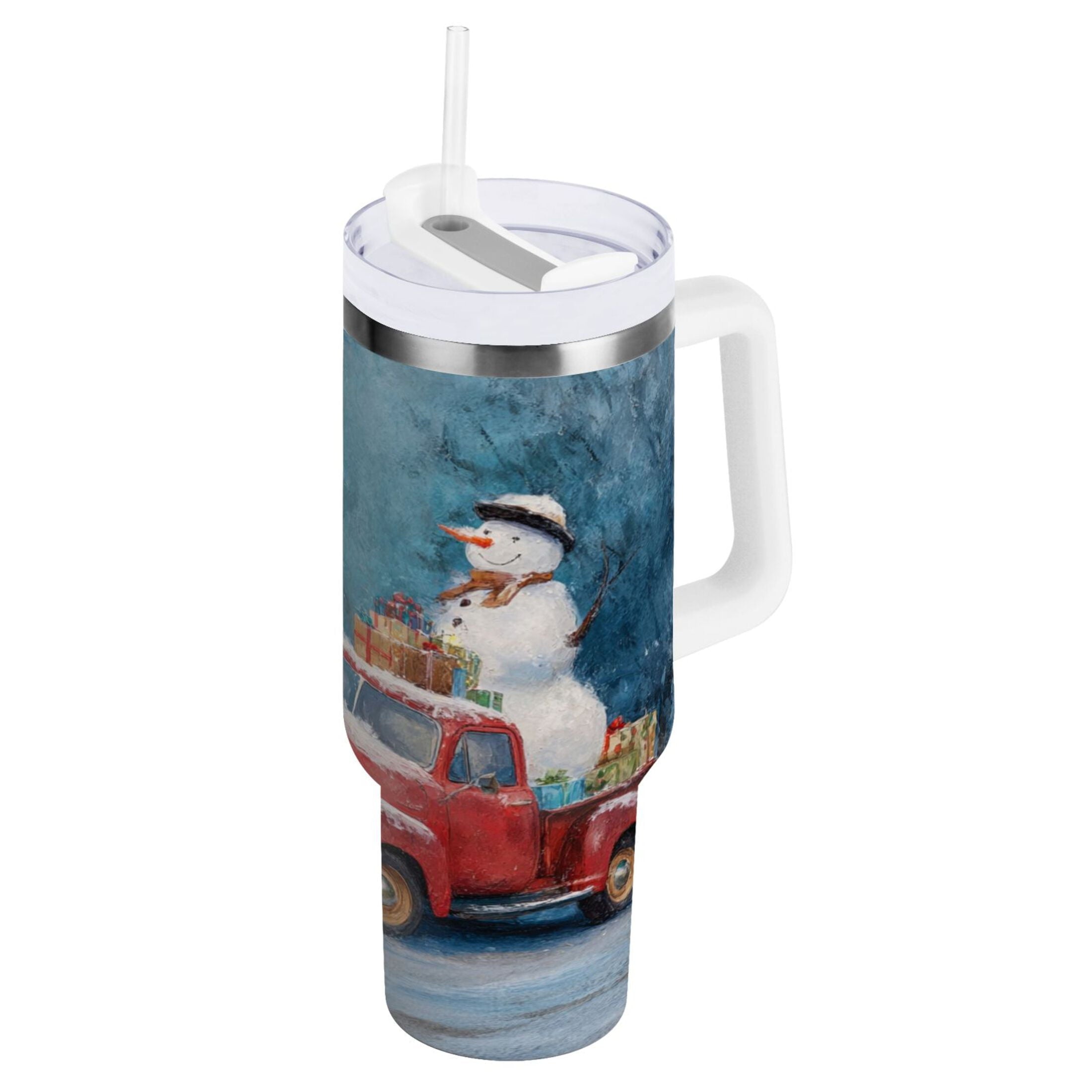 40 oz Insulated Stainless Steel Tumbler Double Wall Stainless Steel Tumbler with 2-Way Drinking Christmas Snowman in A Red Truck - 6D5B