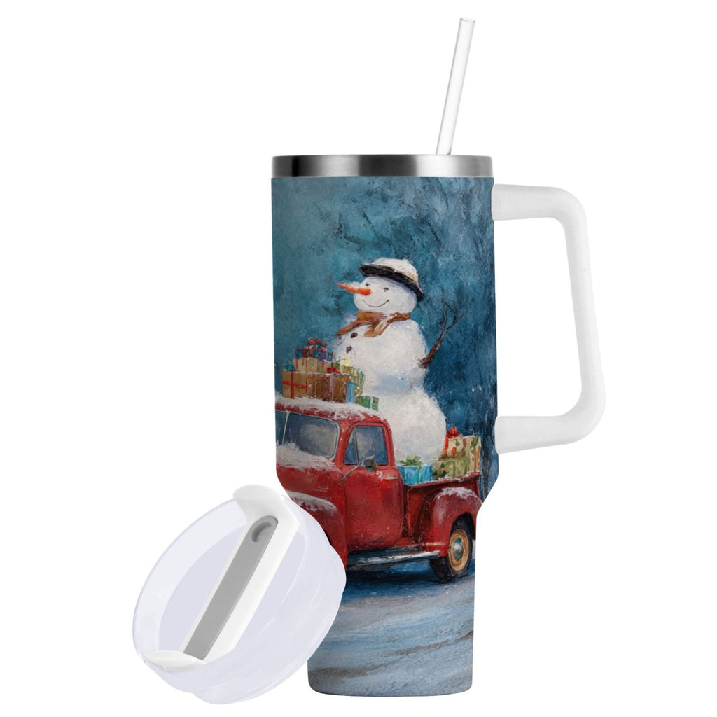 40 oz Insulated Stainless Steel Tumbler Double Wall Stainless Steel Tumbler with 2-Way Drinking Christmas Snowman in A Red Truck - 6D5B