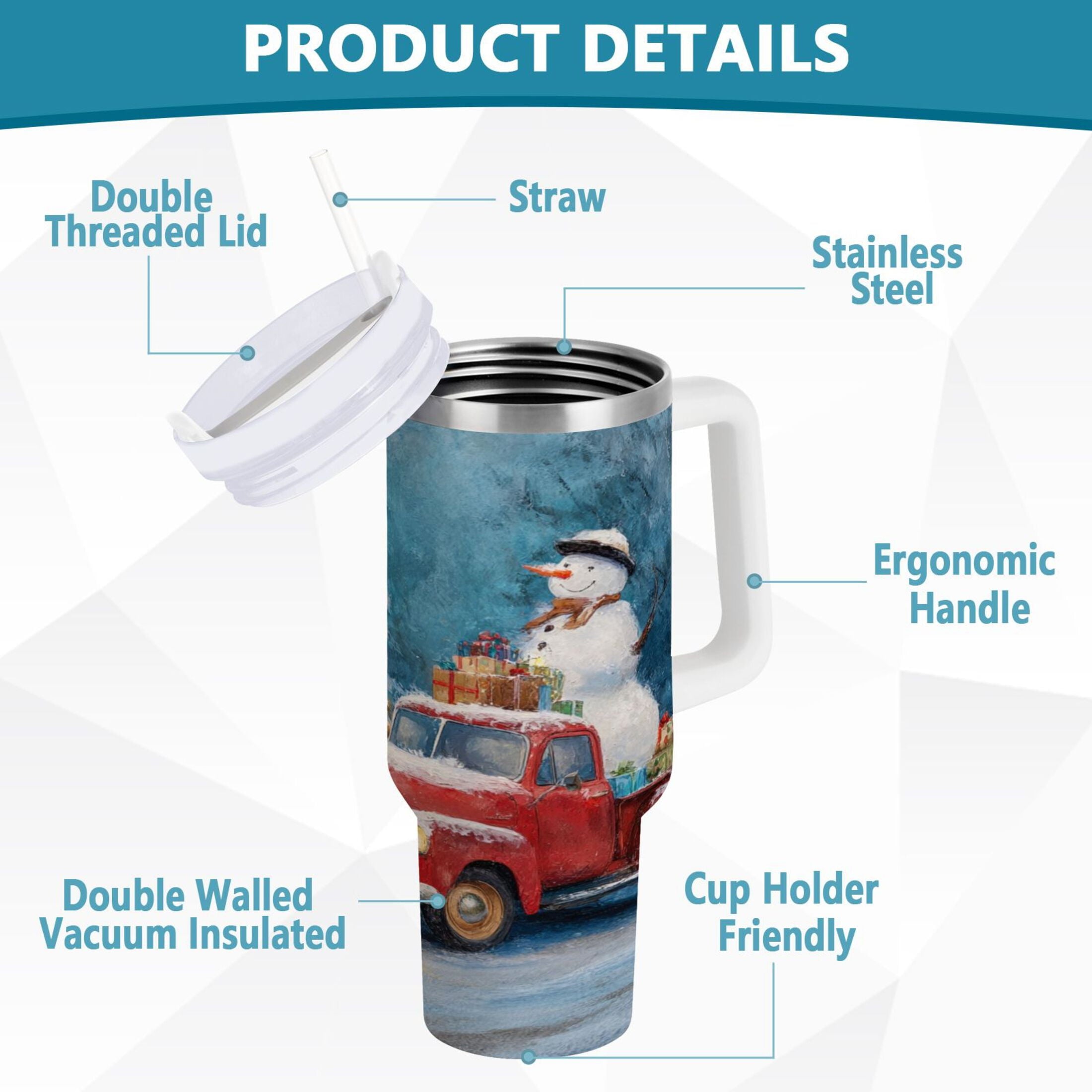 40 oz Insulated Stainless Steel Tumbler Double Wall Stainless Steel Tumbler with 2-Way Drinking Christmas Snowman in A Red Truck - 6D5B