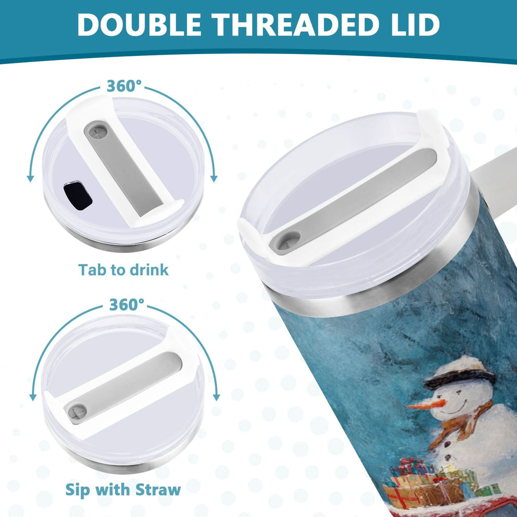 40 oz Insulated Stainless Steel Tumbler Double Wall Stainless Steel Tumbler with 2-Way Drinking Christmas Snowman in A Red Truck - 6D5B